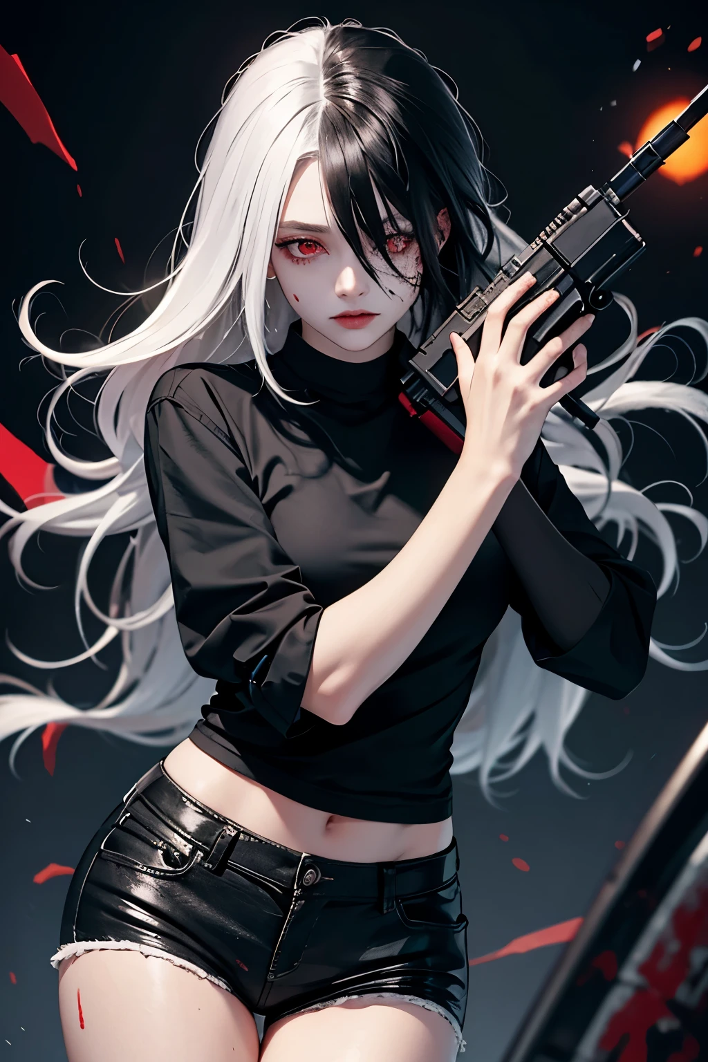 Woman, pretty, black shorts tight, black shirt tight long sleeved, long pure white hair, pale, bright red eyes, a little bit of blood splattered on face, hunter eyes. Holding a gun