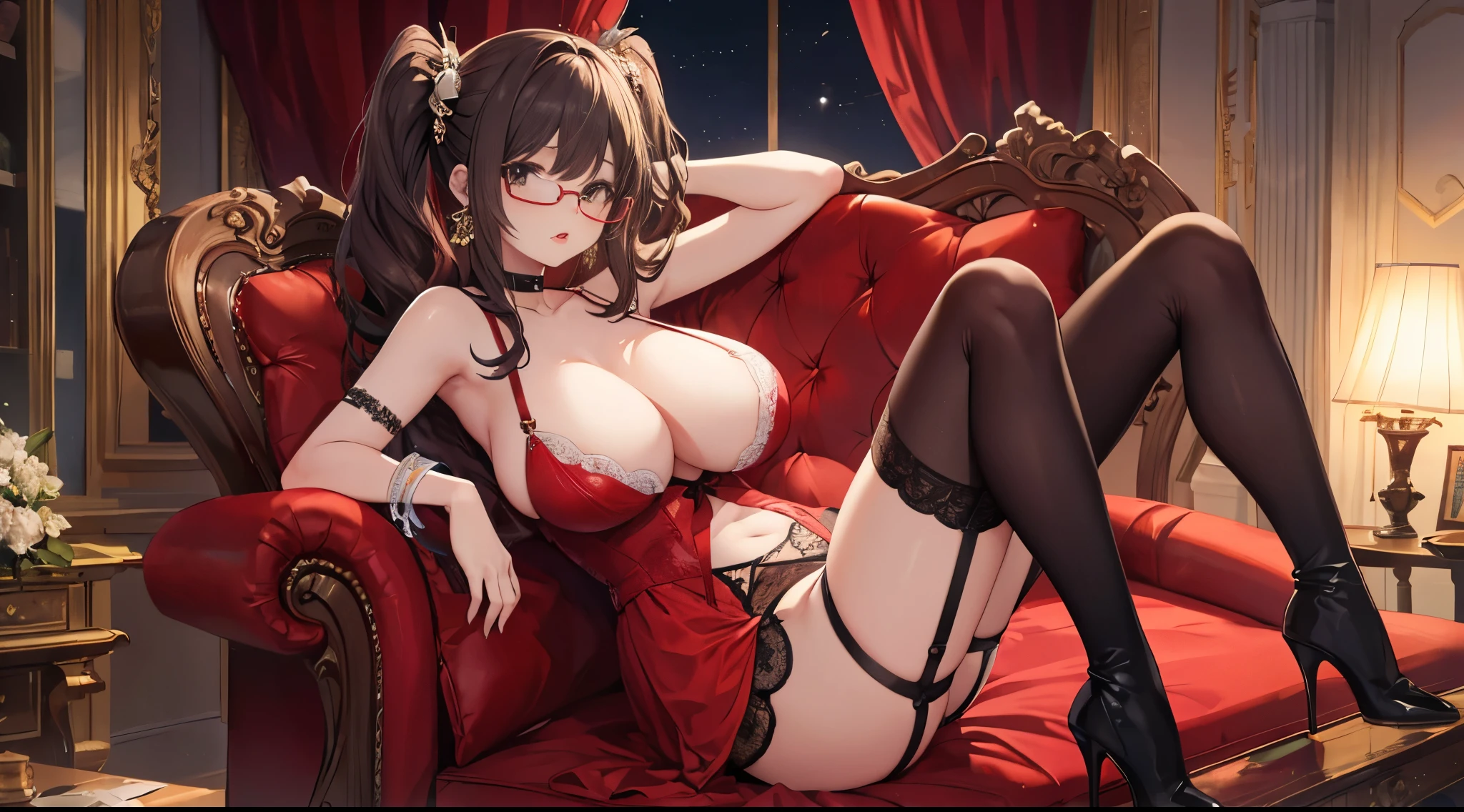 1girl, massive brest, long legs, brunette, black eyes, boots, twoponytails, anime style, curvy, glasses, red dress, belly, big cheek, red lips, black stockings, garter belt, round faces, brunette, choker, earrings, high heels