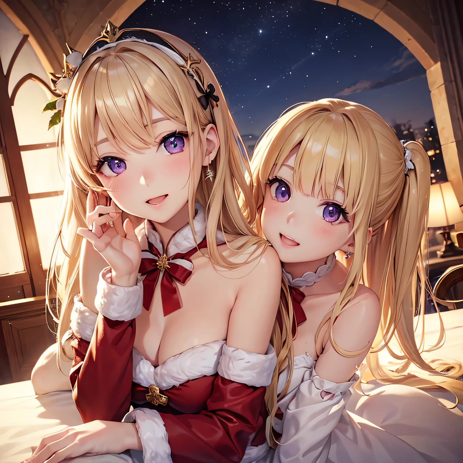 One girl、A little sexy、Blonde、Red sparkling eyes、((Droopy eyes))、Mole on left cheek Medium Curl Hair、Dog ears、Fluffy loungewear、Lying down、Golden Room、