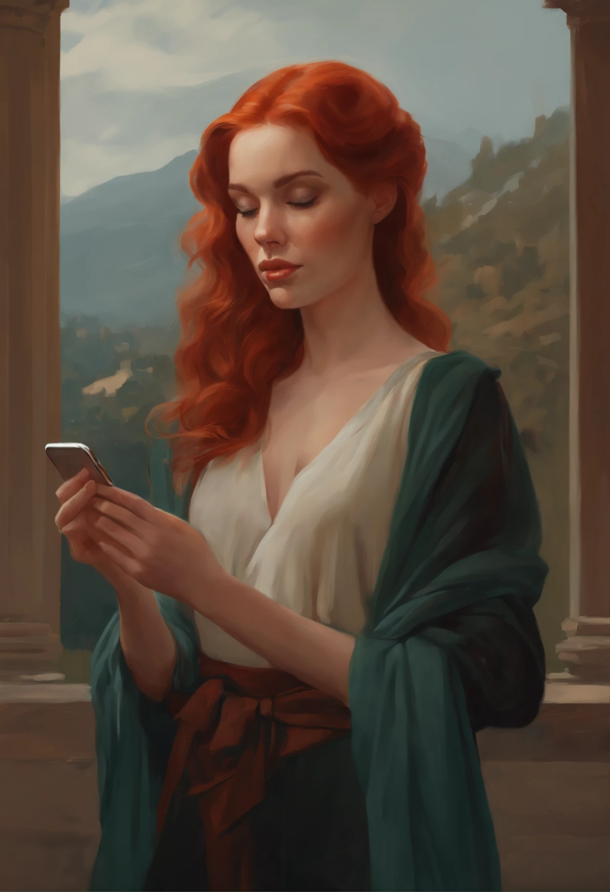 Painting of a woman with red hair, holding a mobile phone, inspired Author: Mads Mountain, beautiful character painting, detailed color portrait, Painted portrait of the character, Author: Mads Mountain, Painted portrait in the center, detailed painting 4 k, krenzcushart, An epic painting by the artist, Pictorial portrait, moebius + loish + WLOP, WLOP! Muted colors