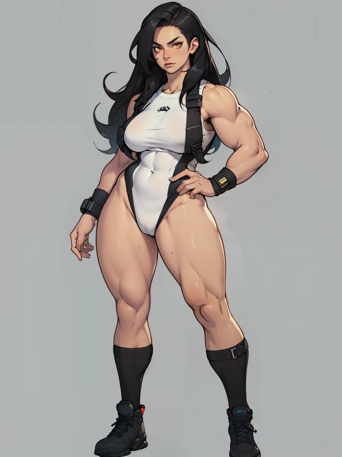 full body full body solo standing skintight (((muscular girl toned body large breasts))) yellow eyes black hair pale skin