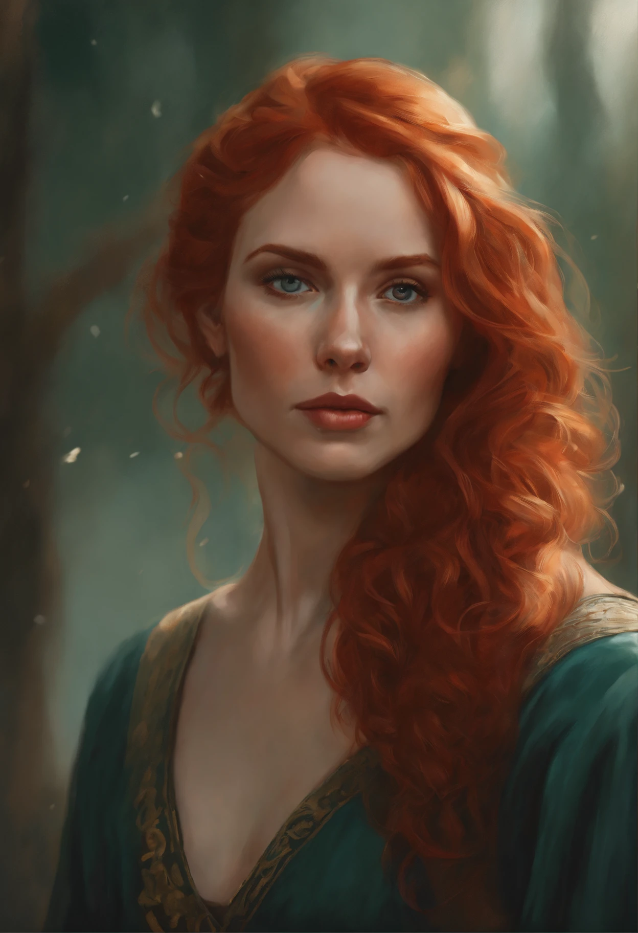 Painting of a woman with red hair, holding a mobile phone, inspired Author: Mads Mountain, beautiful character painting, detailed color portrait, Painted portrait of the character, Author: Mads Mountain, Painted portrait in the center, detailed painting 4 k, krenzcushart, An epic painting by the artist, Pictorial portrait, moebius + loish + WLOP, WLOP! Muted colors