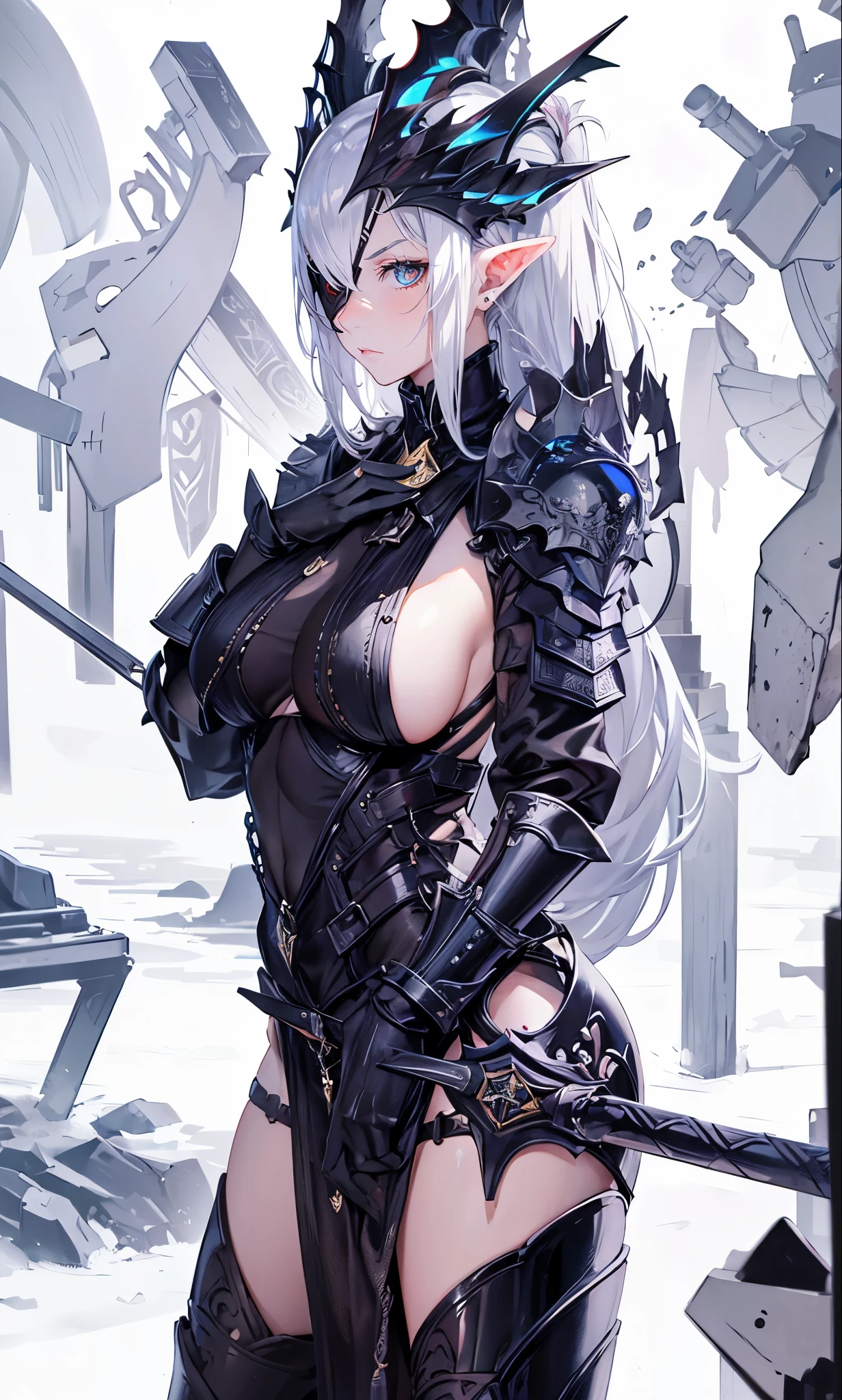 close-up all over the body, The world of dreams, Elf King's sister, Long face shape, spiny helmet, 超longponytail子, High-heeled boots, humanoid creature, longponytail, Long elven ears,Her skin is very white, White complexion, Clear eyes, Intricate black armor,high heel long boots, disheveled black hair, black cloth, Monocular eye patch, Broken black armor, saber, eye patch over left eye