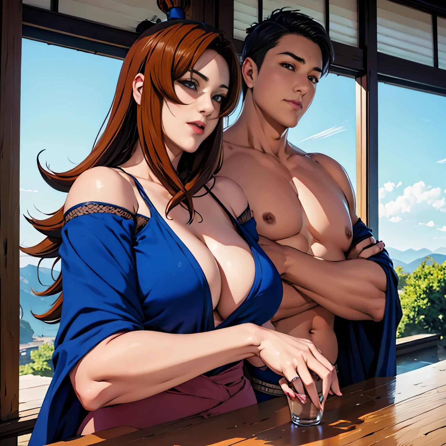 45 Years old Woman、Mature and attractive woman、 Meeting room, Open up yukata、cleavage breast、large boob、No Underwear、​masterpiece、top-quality, photo realistic, high definition, 32k resolution