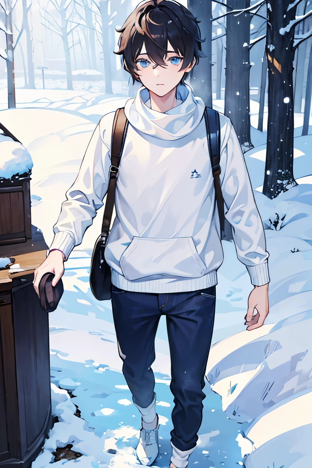 male people A dark-haired blue eyess Earmuffs trainers jumper JINS trouser sockes espadrilles In the snow forest Christmas masterpiece Top image quality denoise Clear cinematic shadow Increased attractiveness of the eyes Clear the shine of the eyes Draw eyelashes neatly Perfect Eye A detailed eye Sharpen image quality Sharpen eye writing Clear eye shape