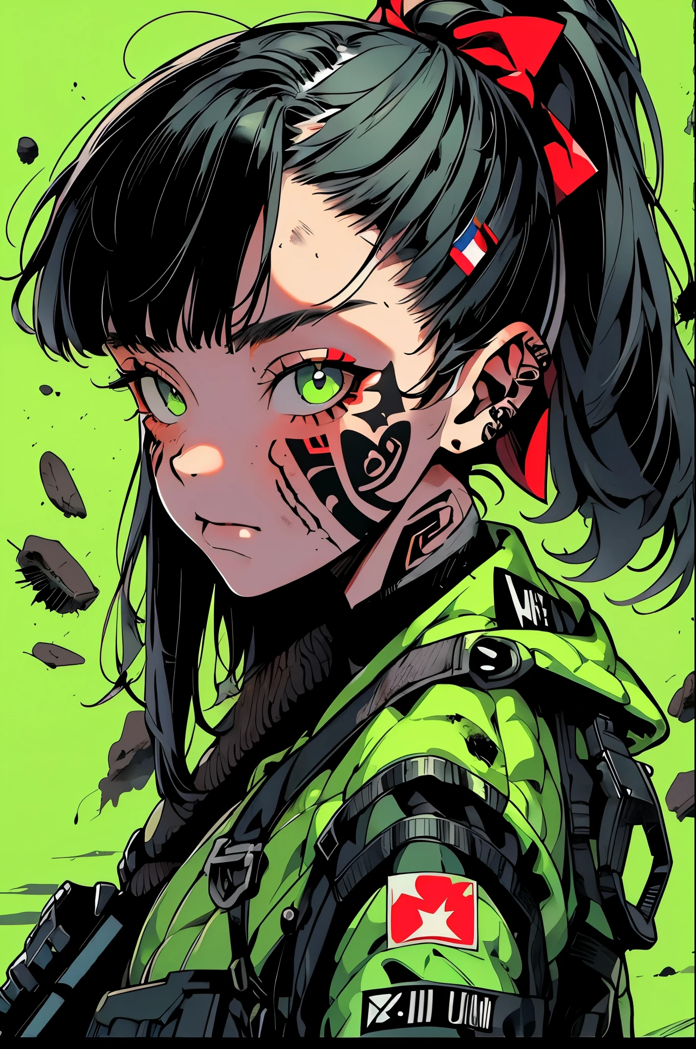 female soldier in futuristic cybernetic armor, Kiwi Maori , 19 years old, ponytail hair, face tattoo, dirty face, flag patch, full body portrait, in ruined urban war zone