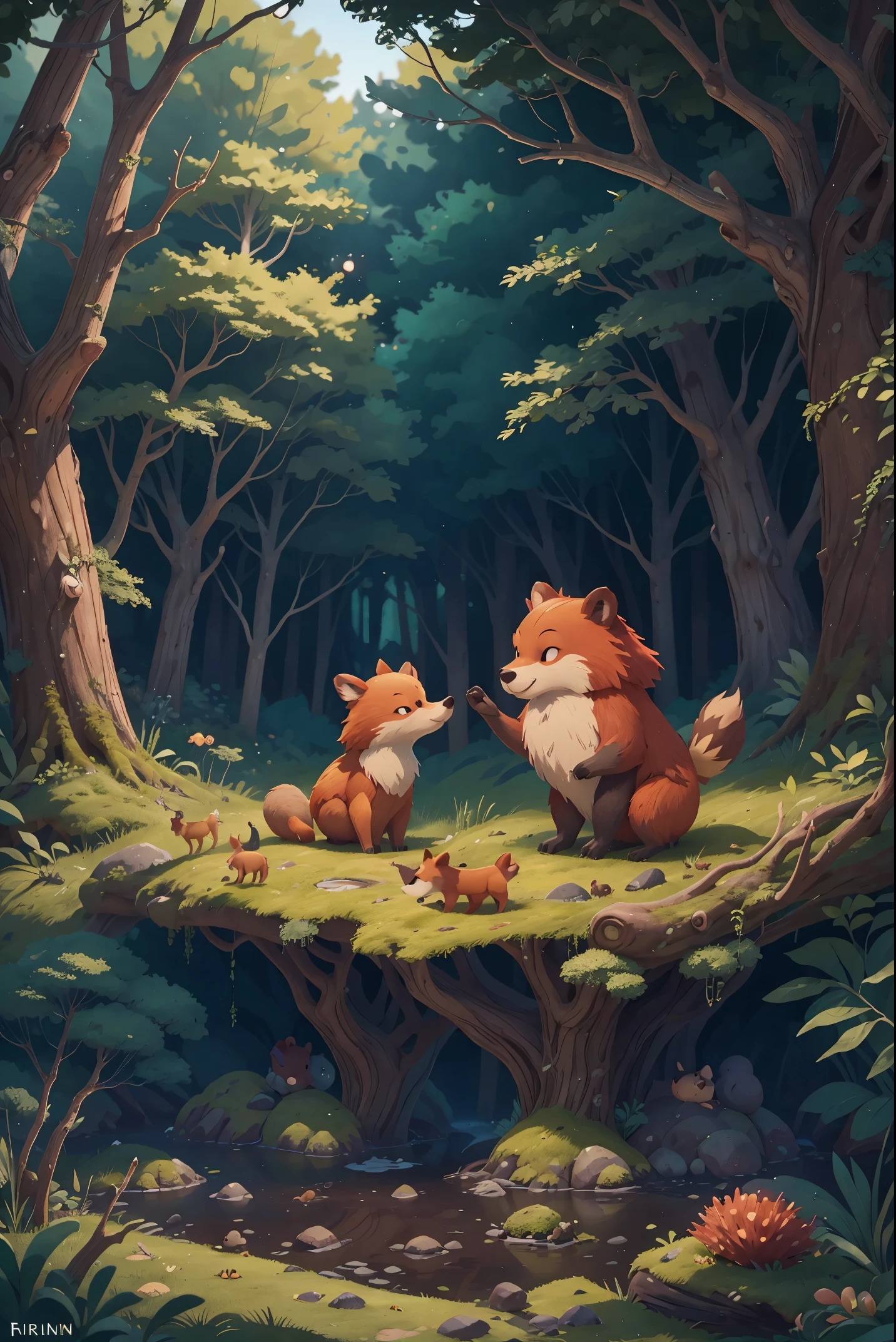the woods，In the forest，sika deer，red fox，porcupine，hedgehog，brown bear，Intertidal Zone，Fairy tale illustration，(((No Man)))，(((No Man)))，(((No Man)))，nobody,
