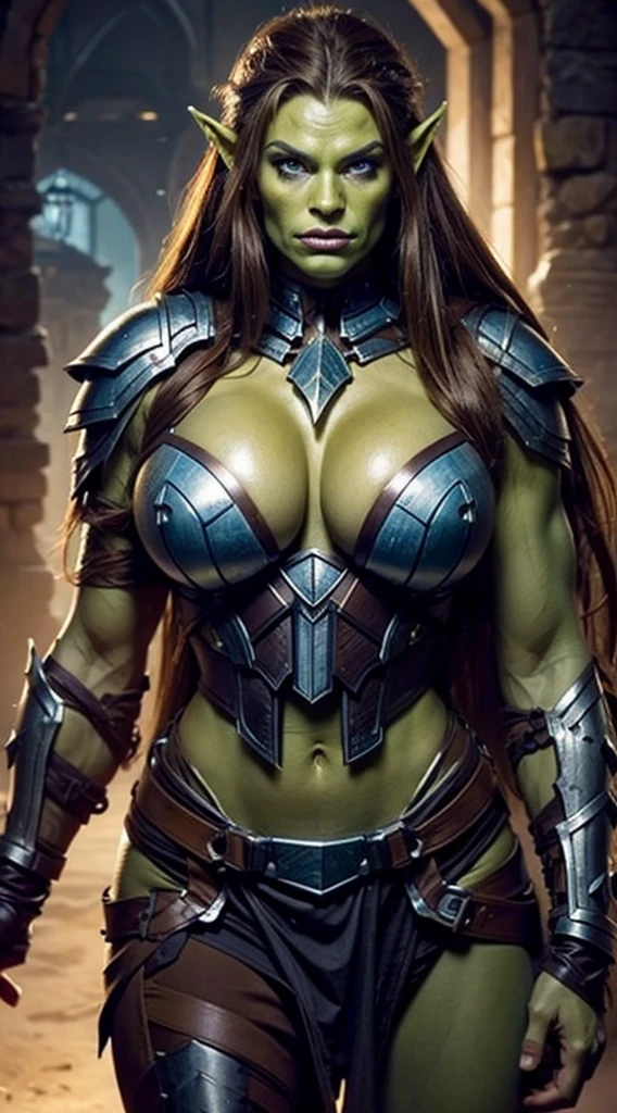 Skinny Female half-Orc, long flowing light brown hair, large muscular build, blue eyes, green skin, leather armor,