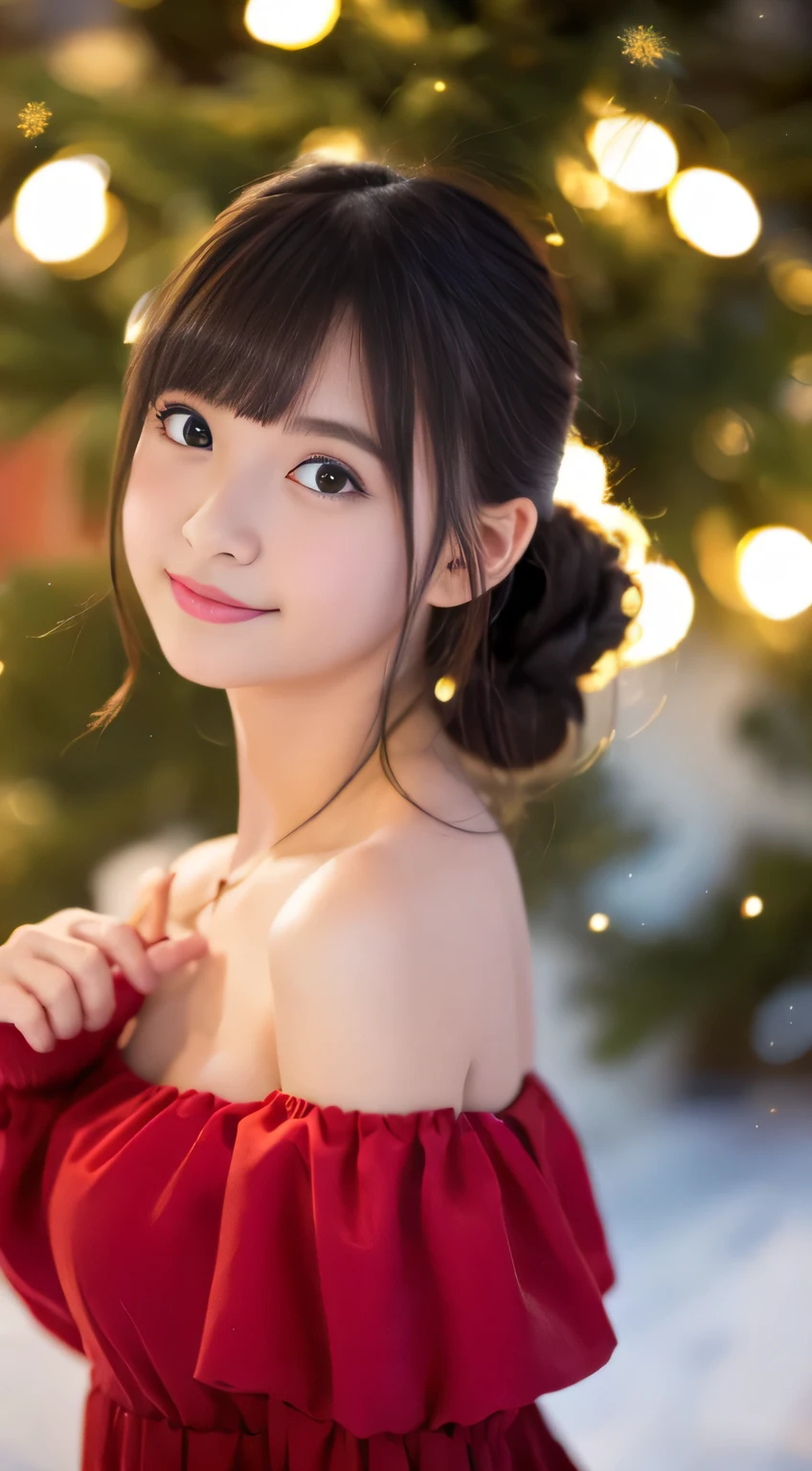 (girl in a beautiful red dress, Standing in front of a beautifully decorated Christmas tree),Illustration,Christmas,Fun atmosphere,Twinkling lights,soft snowflakes fall,Best Quality,4K,Ultra-detailed,Vibrant colors,pine scent,Cozy,romantic,Cheerful,breathtaking scenery,Warmth,Happiness,Magical,Holiday spirit,Winter wonderland,pure love and kindness.、off shoulders、I keep my hair up and short、a baby face、Shot from directly above