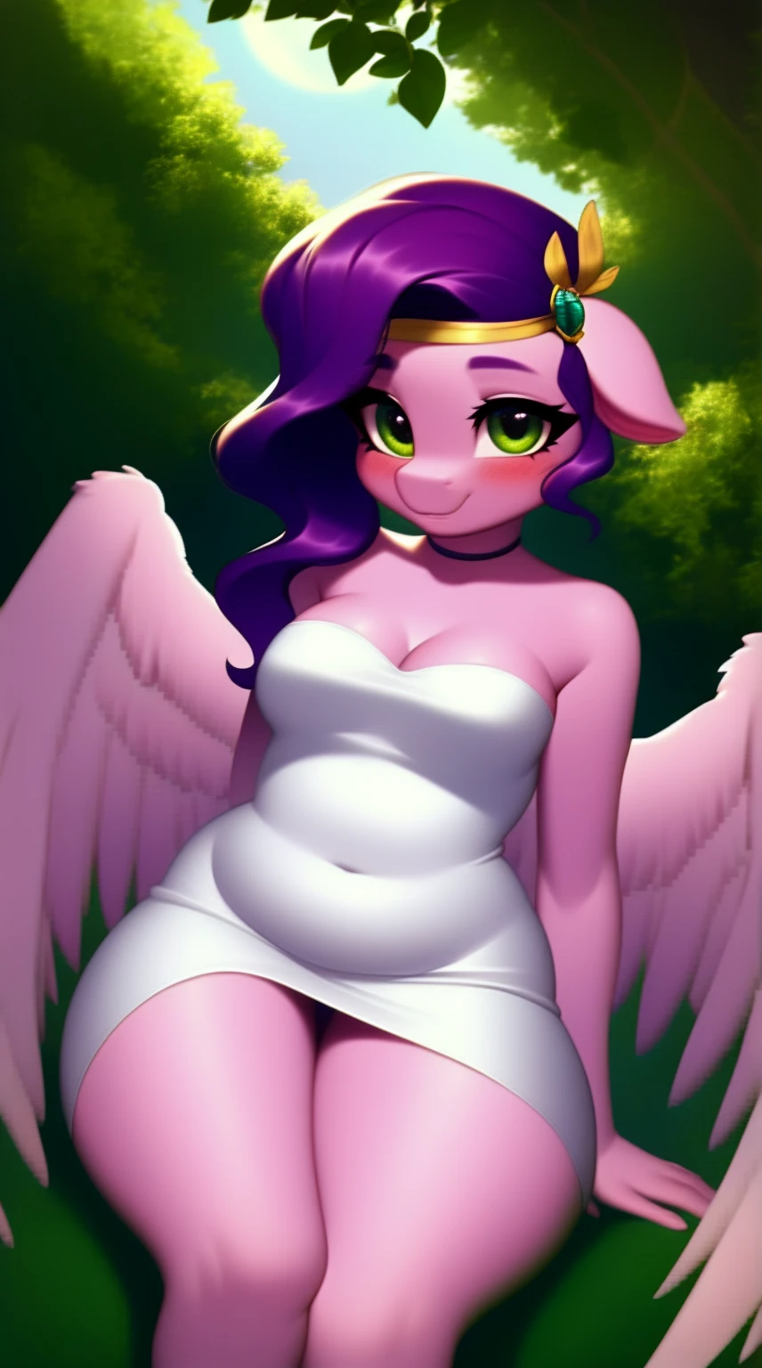 (score_9), (source_pony), (solo), (pegasus), ((anthro pipp petals :1.1)), (strapless white dress), lines, sexy, ppy ears, blushing, seductive look, long messy hair, anatomically correct, night garden, small breasts, dy, anime art style, solo, light purple fur, green eyes, hourglass figure, curvy, plump body, young, short, chubby, cute, high res, thick thighs, facing straight at viewer, thick thighs, pantie peak,