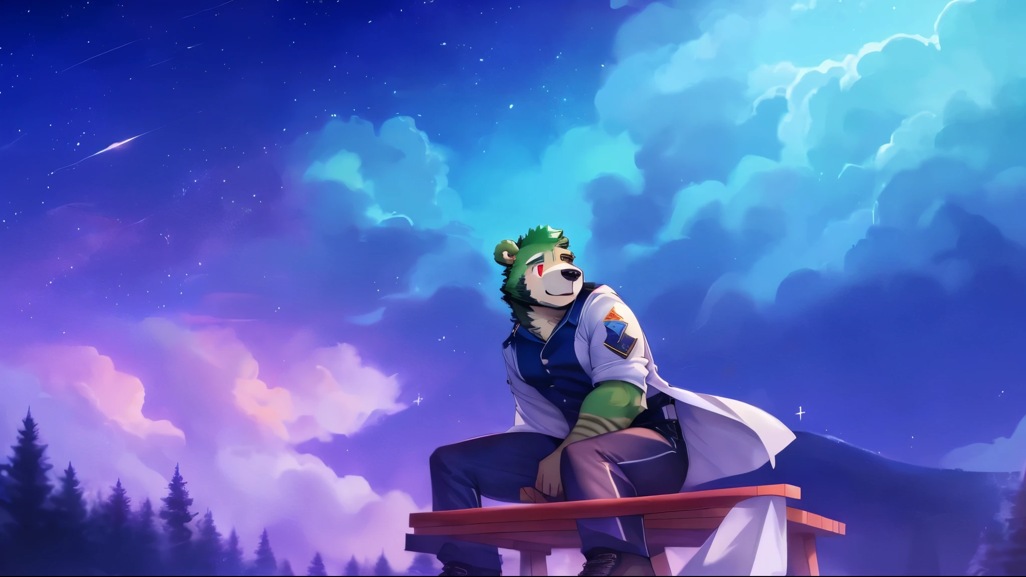 (jinpei), anthro ((bear)), furry, bear, green fur, green hair, beard, male, white eyebrows, red eyes, masterpiece, ((Best quality)), character focus solo, handsome, middle-aged, mature, muscle body, sexy, dilf, full body, ((jinpei)) sitting on a bench in front of a bright sky, sitting on the cosmic cloudscape, gazing off into the horizon, very very beautiful furry art, auroracore, looking off into the distance, official fanart, looking into the distance, profile picture 1024px, looking at the sky, look into the distance, watching the stars, long white coat, black protect suit inside, gray pant, military shoes