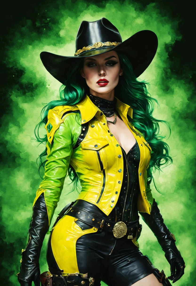 rfktrstyle cowgirl shot"velvet crowe alien character,beautiful,sexy,green,16k,hdr,upscale" phosphorescent print-ready,  pop art style, cosmic yellow nebula, immaculate black canvas, Splatter paint charisma, a sensation on ArtStation, crystal-clear precision, studio depiction, detailed linework, unmatched intricacy, in the vein of Greg Rutkowski's magic, Watercolor glow, trending on artstation, laser-sharp clarity, studio visualization, intricate textures, masterfully crafted, channeling the spirit of Greg Rutkowski., Watercolor, trending on artstation, sharp focus, studio photo, intricate details, highly detailed, by greg rutkowski  slick bold design, clean glossy lines, digital illustration, gloss finish, aesthetic, impeccable detail, awesome visual impact, endowed with gloss finish, bathed in volumetric lighting, refined by Add_Details_XL-fp16 algorithm, 4D octane rendering, infused with global illumination and precise line art, softened through macros, executed with V-Ray, epitome of visionary art, nuanced by elegant perfectionism and pop art consumerism, infused, aw0k euphoric style --niji 50  --testp --chaos 50