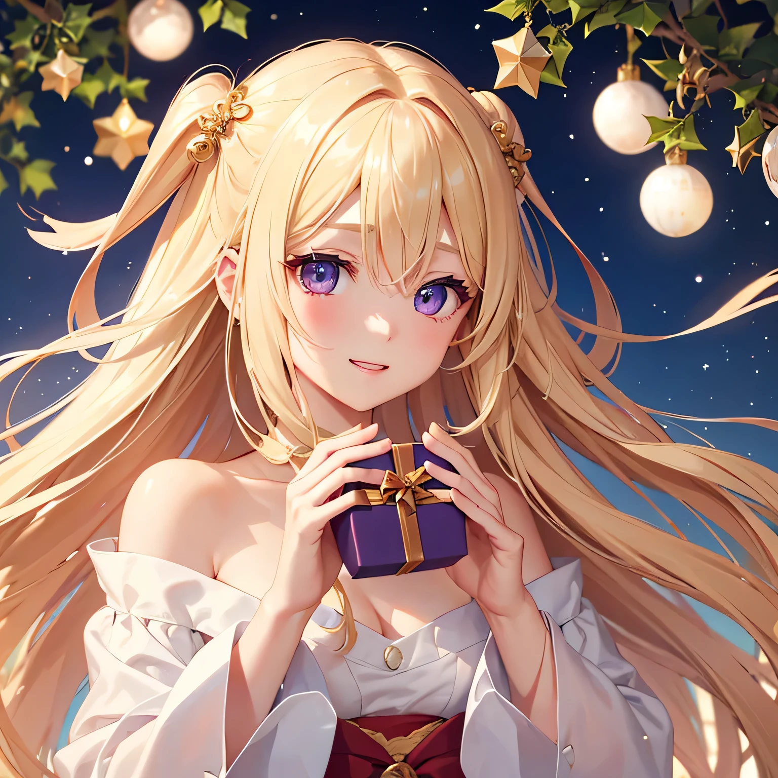 Beautiful blonde precise and detailed two side up hairstyle、Santa Claus Costume、Christmas、absurderes、Christmas柄のリボン、Cute young lady、独奏、Boobs Boobs Deep and Detailed Eyes、Beautiful, Delicate and detailed purple eyes、Very beautiful and delicate shining eyes、Beautiful smile with attention to detail、;D、beautiful and delicate flowing hair、、Have a gift、Christmasプレゼント、Beautiful delicate and detailed hands、Super beautiful illustration of breasts, delicate, detailed and natural beautiful fingers、to stand、Cute and beautiful, Beautiful face is very delicate and detailed、Christmasツリー、illuminations
