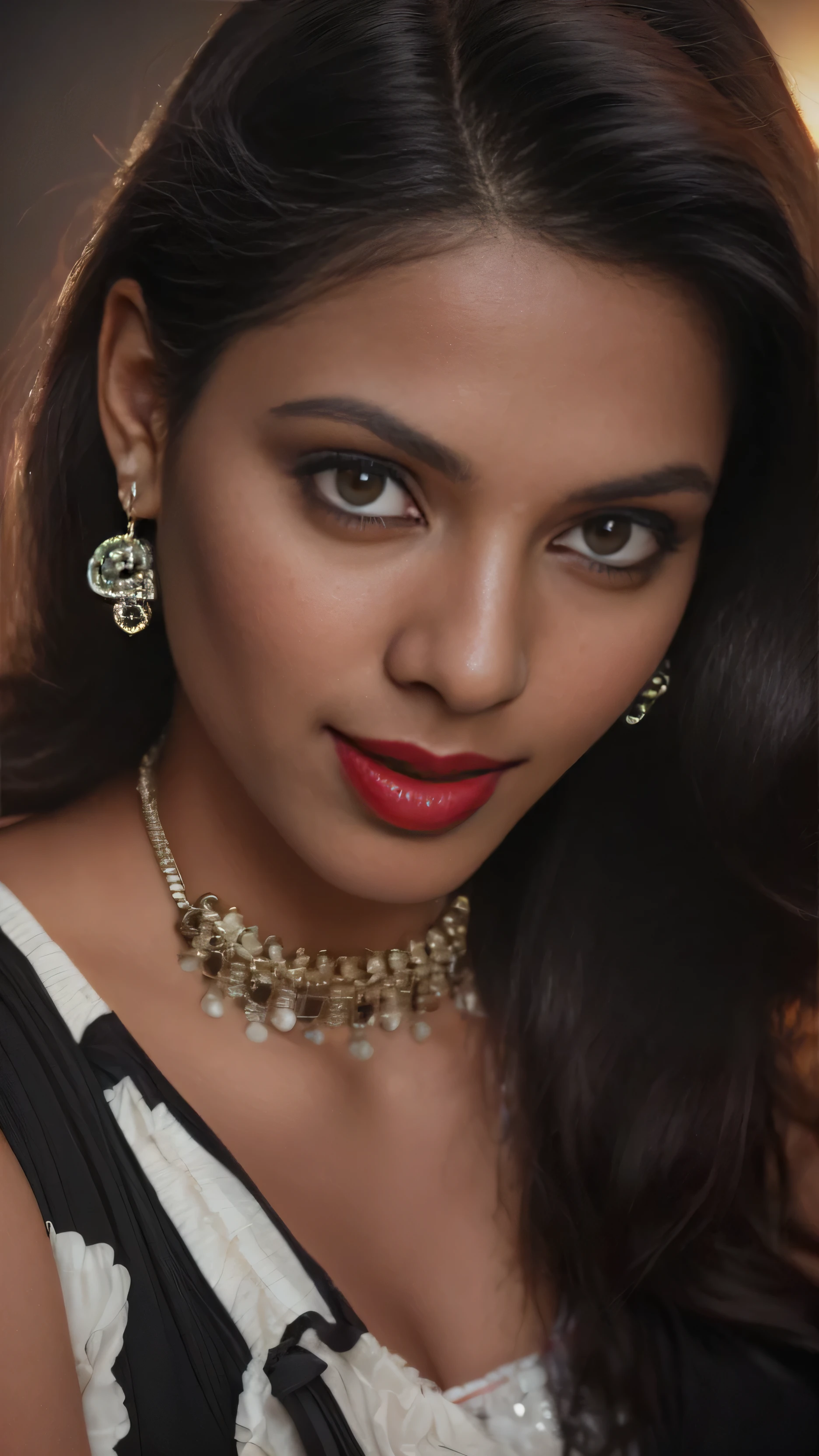 (editorial photograph of a young Indian woman with big boobs red lips)、karla ortiz, (highly detailed face:1.4) (smile:0.7) (backround 5 star hotel , moody, private study:1.OV, by lee jeffries, nikon d850, film stock photograph ,4 kodak portra 400 ,camera f1.6 lens ,rich colors ,hyper realistic ,lifelike texture, dramatic lighting , cinestill 800, realistic, wearing Black dobby weave self design fit & flare dress Sweetheart neck Short, puff sleeve Tie-up detail on back Above knee length in flounce hem Attached Lining Chiffon fabric, actress, karla ortiz, posing!!, candid picture, by Max Dauthendey