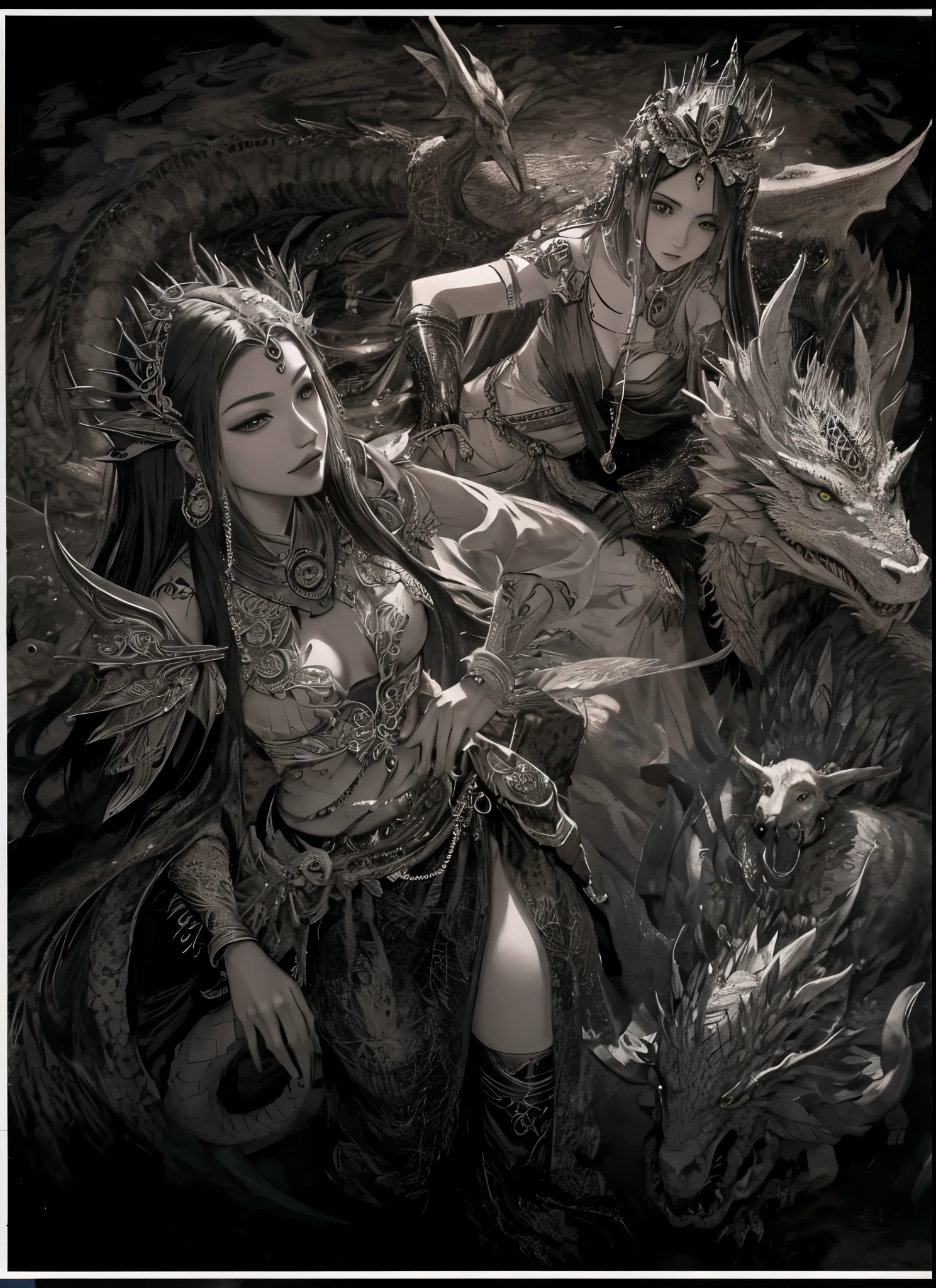 arafed drawing of a woman with a dragon and other creatures, traditional art, by I Ketut Soki, javanese mythology, detailed charcoal drawing, inspired by I Ketut Soki, queen of dragons, detailed pencil drawing, inspired by Rudy Siswanto, by Sasha Putrya, fantasy drawing, intricate charcoal illustration, dragon queen, by Ni Zan, majority of the colour is green, picture with colour