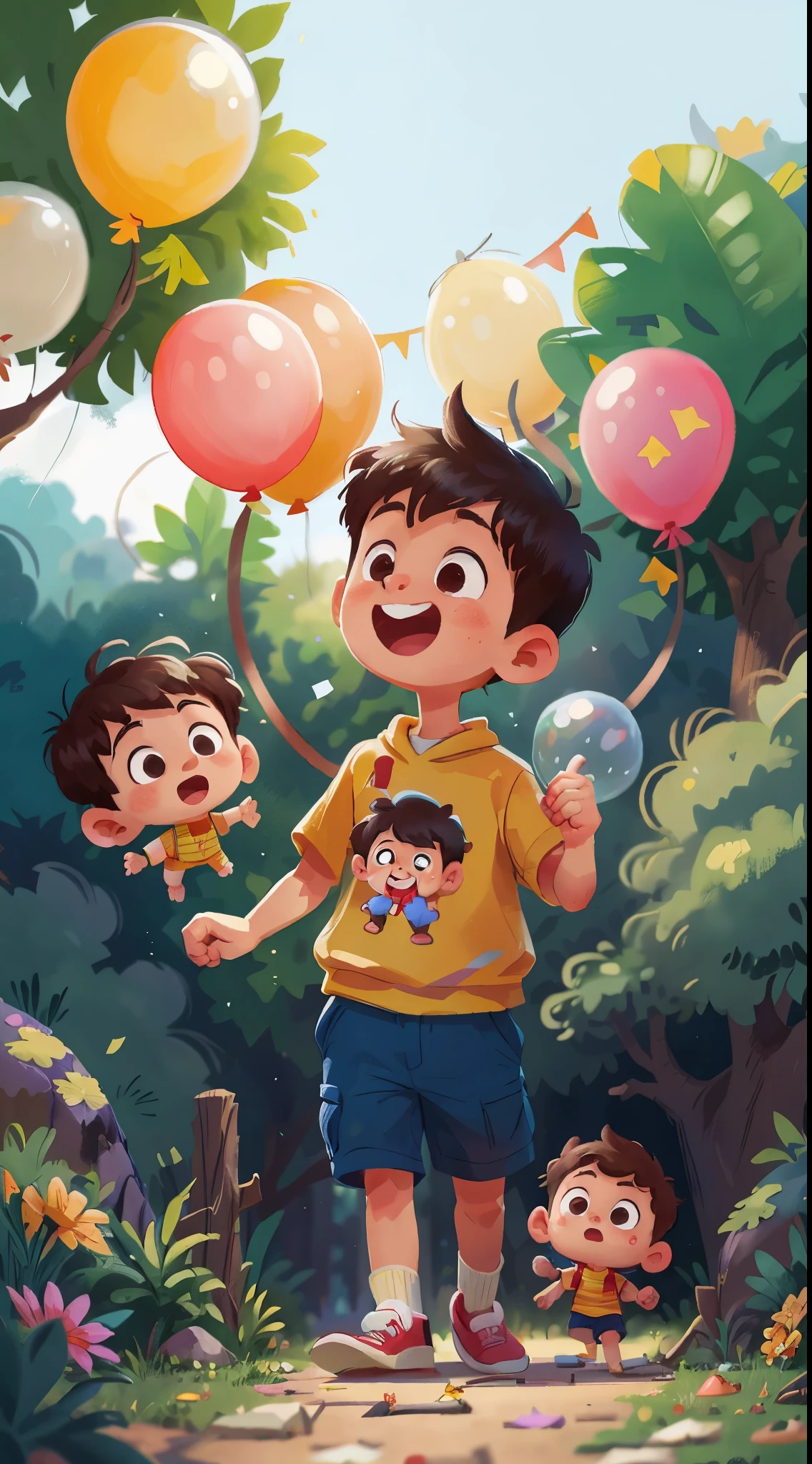 A boy, zoo, many balloons, happy, happy, perfect quality, clear focus (clutter - home: 0.8), (masterpiece: 1.2) (realistic: 1.2) (bokeh) (best quality) (detailed skin: 1.3) (complex details) (8K) (detail eyes) (sharp focus), (happy) full body, two children, clean background, long view composition, 85MM SHOT