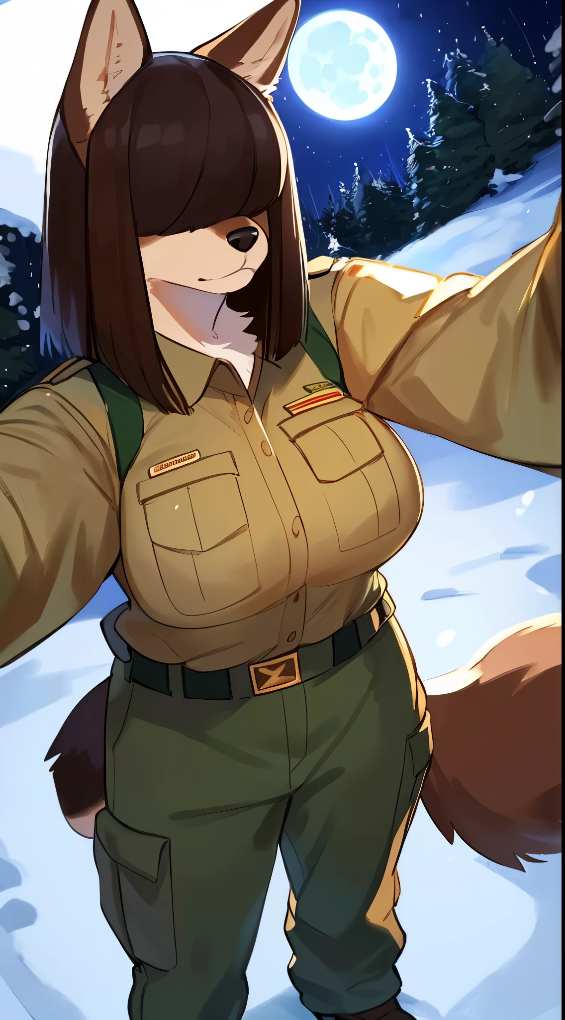 By bebebebebe, by lostgoose, by goonie-san, female, ((canine, snout, hair covering eyes, straight hair, medium hair, flat hair, ears, thin snout)), brown fur, big poofy tail, raised tail, dark maroon hair, (muscular, big breasts), solo, stern expression, standing, (park ranger uniform, tan uniform, green cargo pants), forest, ((grabbing viewer, reaching out towards viewer)), snow, snowing, night time, moon,