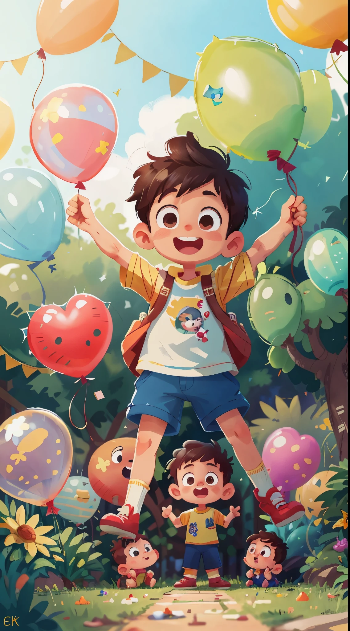 A boy, zoo, many balloons, happy, happy, perfect quality, clear focus (clutter - home: 0.8), (masterpiece: 1.2) (realistic: 1.2) (bokeh) (best quality) (detailed skin: 1.3) (complex details) (8K) (detail eyes) (sharp focus), (happy) full body, two , clean background, long view composition, 85MM SHOT