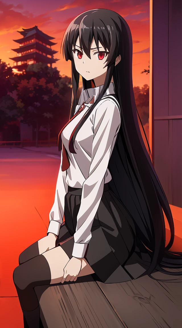 Akame (akame ga kill) anime art style, master piece, best quality,1girl,siting ,very long black hair, perfect face, red eyes ,medium breasts ((school uniform Japanese ,White shirt arms short ,black skirt )),red blow, looking at me ,full body, background school
