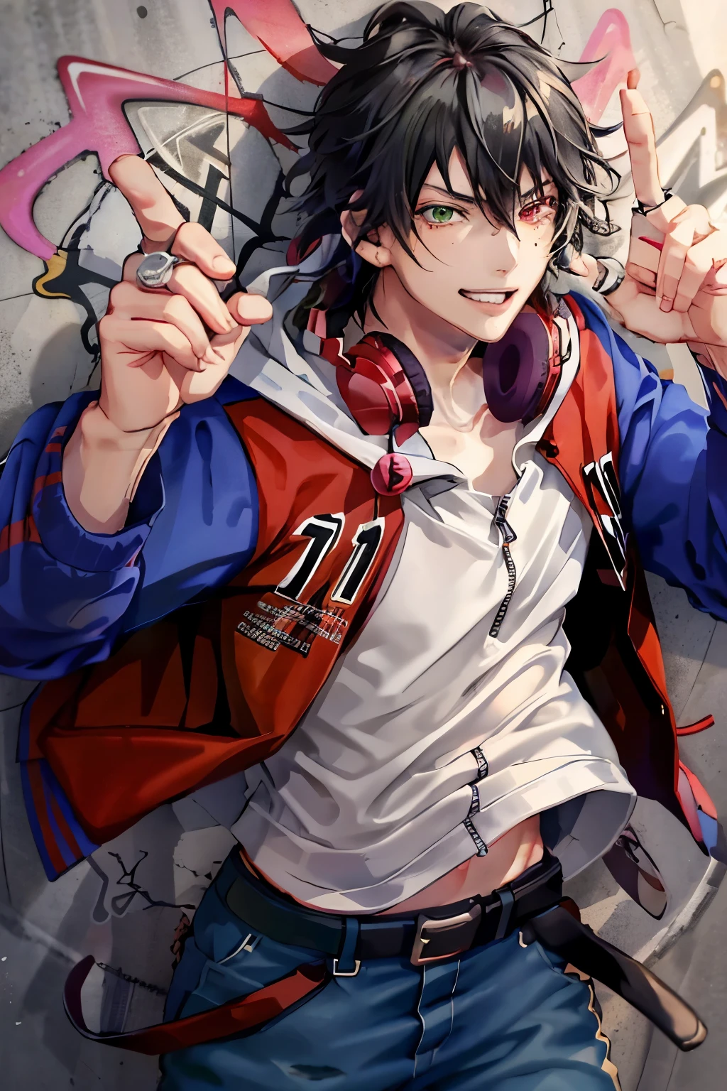 yamada ichiro\(催眠microphone\), nffsw, 01, 1boy, Solo, Looking at Viewer, Upper body, buster bros, Male Focus, 19 years old, Red Eyes, Bangs, Black hair, hair between eye, Heterochromia, Green eyes, Mole under the eyes, Red jacket, multicoloRed jacket, Blue jacket, Shirt, Long sleeves, holding microphone, Outdoors, Open your clothes, grin, Open jacket, Ring, Hood down, zippers, White hoodie, hooded jacket, Black belt, belt buckle, Blue Pants, cables, microphone, headphones around neck, Singing, Graffiti,