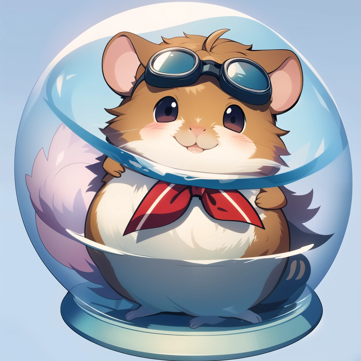 1hamster in a transparent orb, goggles on forehead, animal, cute, cool, chibi, red neckerchief, adventurer, best_quality, design, hires, highly detailed