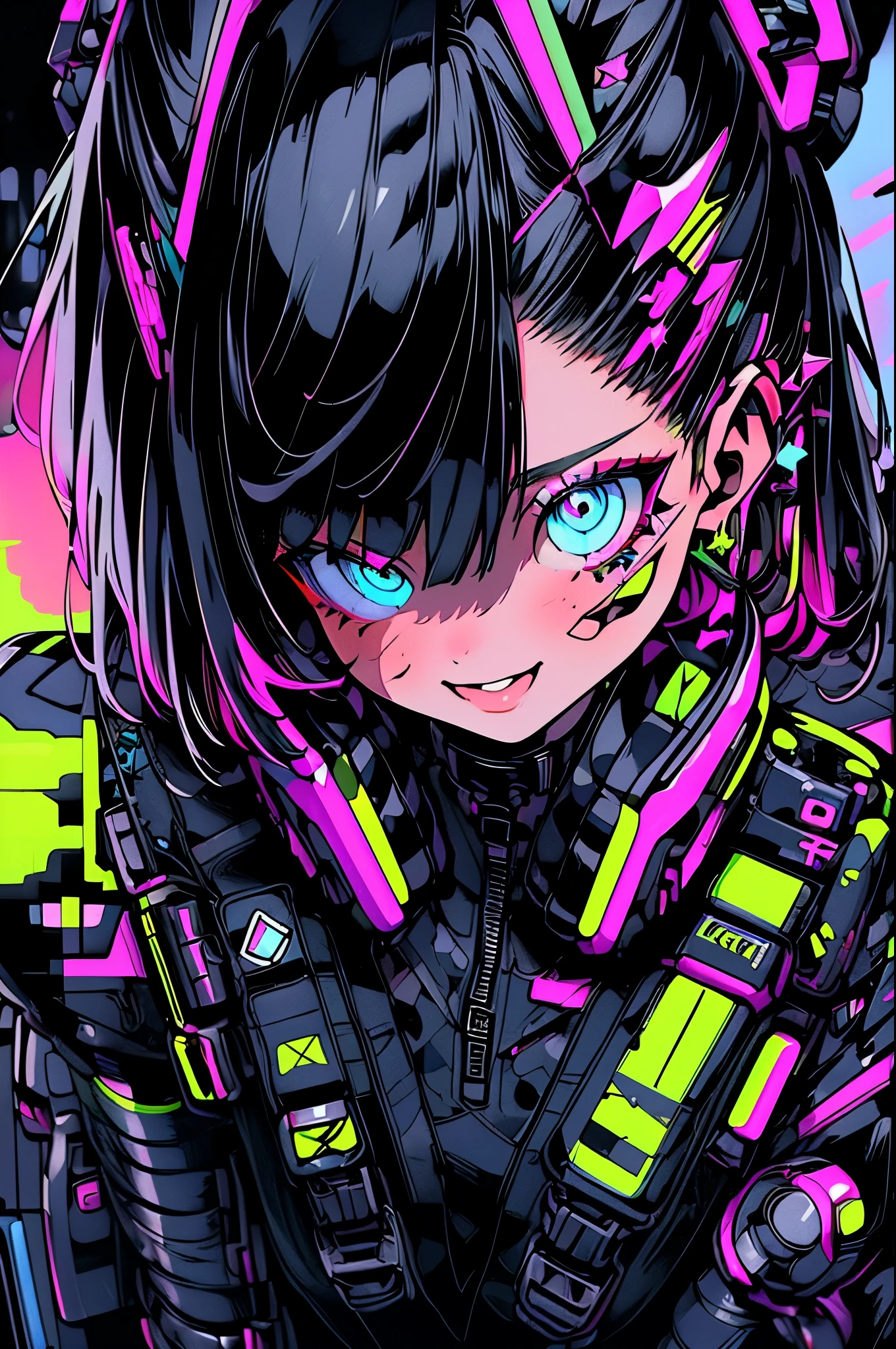 ((cyberpunked)),Optical camouflage、VR Goggles、Neon light、City of the Future、Glowing jumpsuit、(1girl in, Solo:1.6),(Cute smile),(Clothes are ), (Best Impact:1.5), (maximalism:1.7), Vivid contrast, (Realistic), hyperrealistic illustrations, hight resolution, ultra-detailliert, absurd actar art:1.3)、Random hairstyle、Random hair color colorful、FULL BODYSHOT、Retro、Precise focus、randome pose、cinema4d、Drama