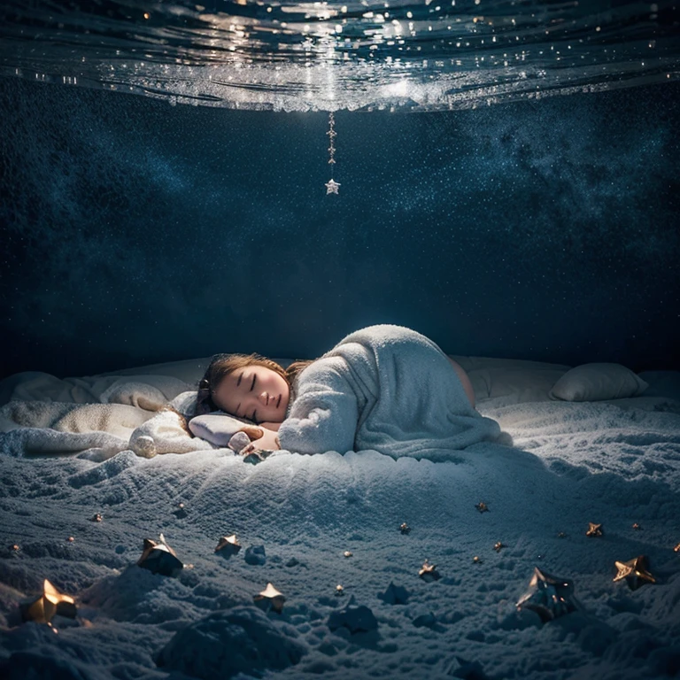 a magical scene with shining stars and dreamlike elements, conveying the idea that the magic of Christmas awakens sleeping dreams. Make sure the elements give a dreamy feel.