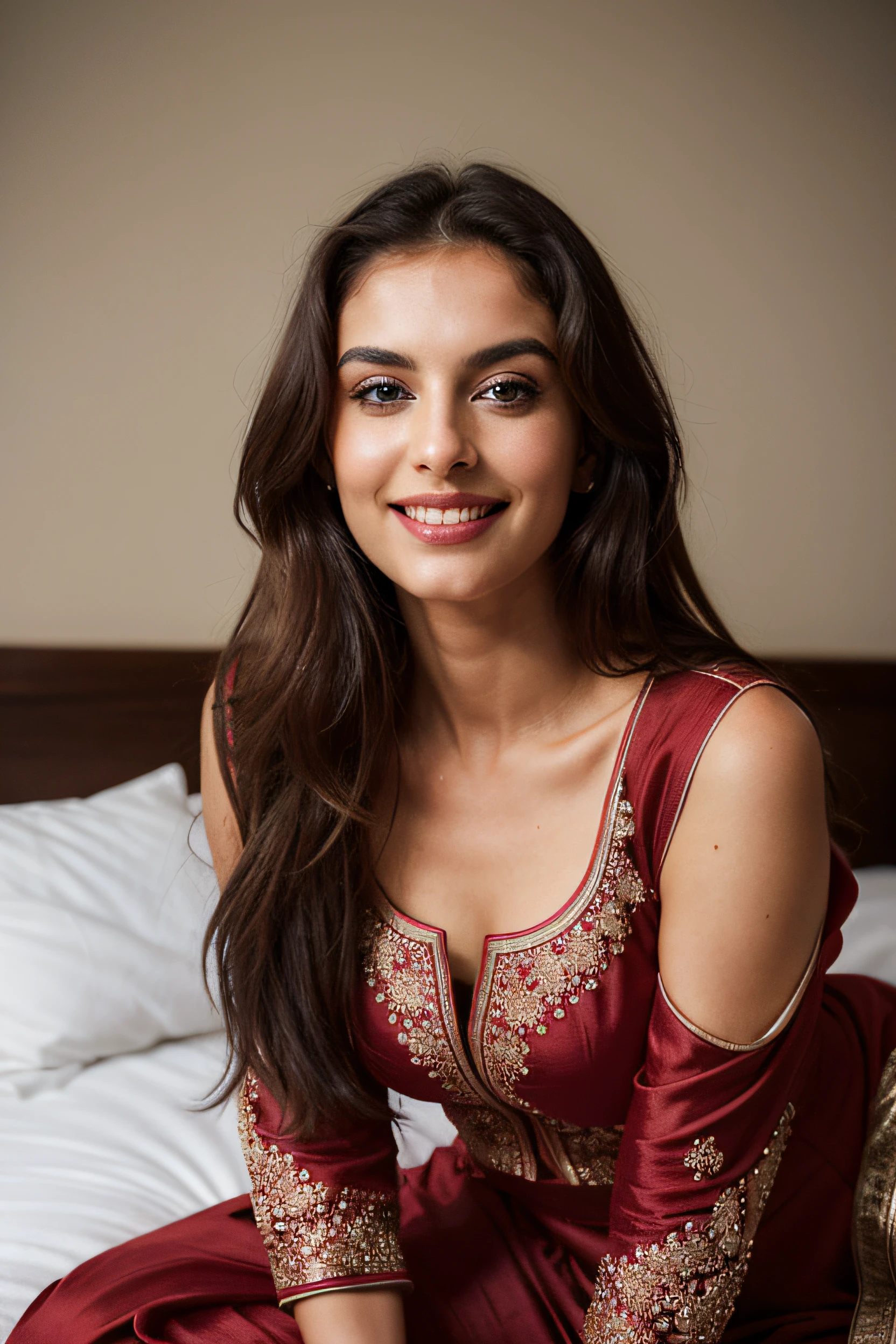 Woman laying on bed, wearing red anarkali suit , detailed long messy brown hair, solo, very dark tan supermodel, perfect face, perfect eyes, blue eyes, HDR, photoreal, dim light, beautiful face, perfect 36-26-36 figure, charming smile