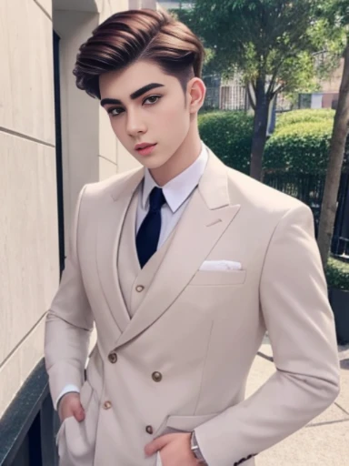 Handsome boy, brunet, pale skin, thick brows, suits, wealthy, fit, colorful eyes, 20 years old