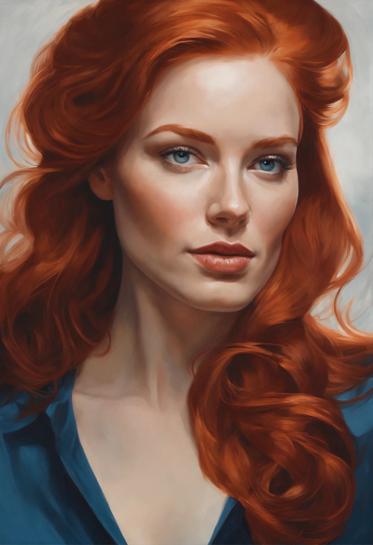 a close up of a Woman with red hair and a blue shirt, Martin Ansin Painting Portrait, inspired by Vincent Lefevre, Author: Mads Mountain, Oil painting of a realistic woman, Portrait of a red-haired woman, Portrait of Jean Grey, Based on Stanley Artgerm, by stanley artgerm lau, detailed portrait, Portrait study, Woman with red hair, Modern portrait