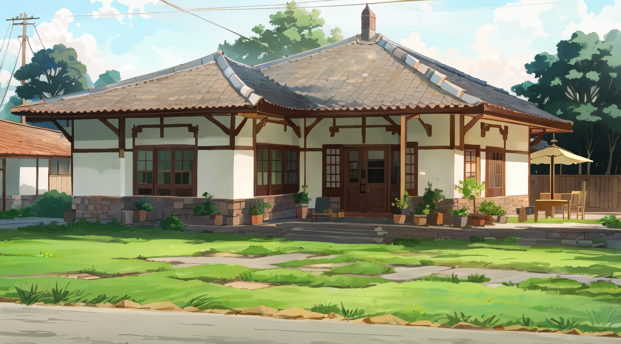 there is a small house with a large roof and a small garden, arsitektur nusantara, village house, museum, police station, eliran kantor, small library, research center, front side, front side view, old building, old library, frontview, front view, library, museum photo, old house, centre image, anime style, anime background, neatly arranged roof tiles, neatly arranged roof tiles, neatly arranged roof tiles,