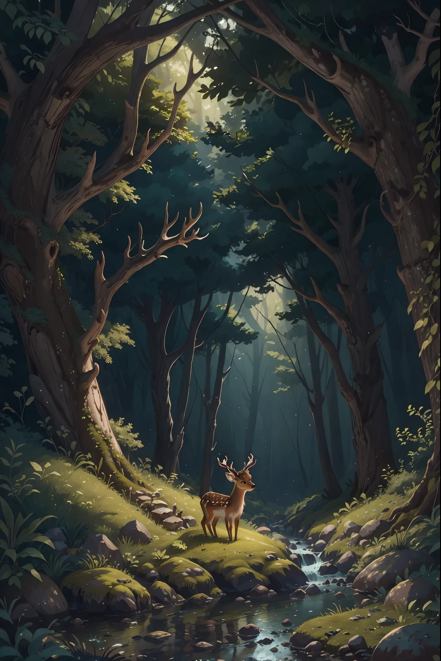 the woods,In the forest,(((1 sika deer))),Intertidal Zone,Fairy tale illustration,(((No Man))),nobody,anyone,