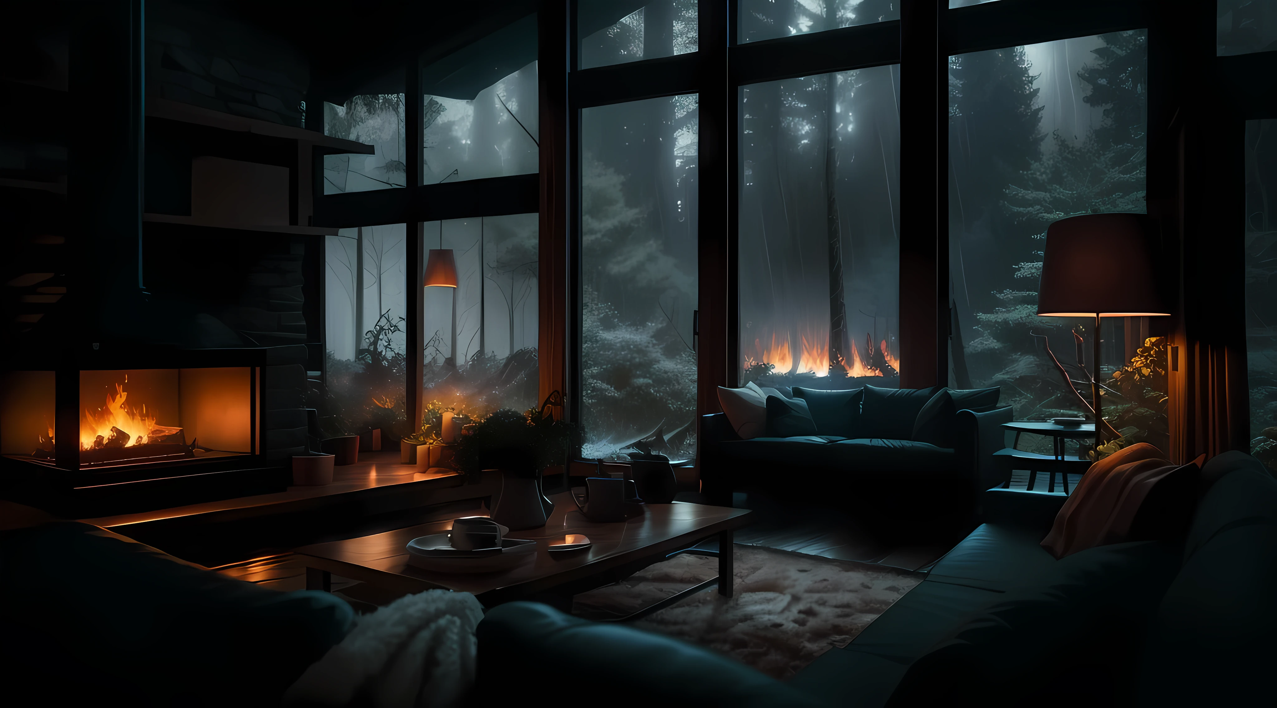 Arafed view of a living room with a fireplace and a couch - SeaArt AI
