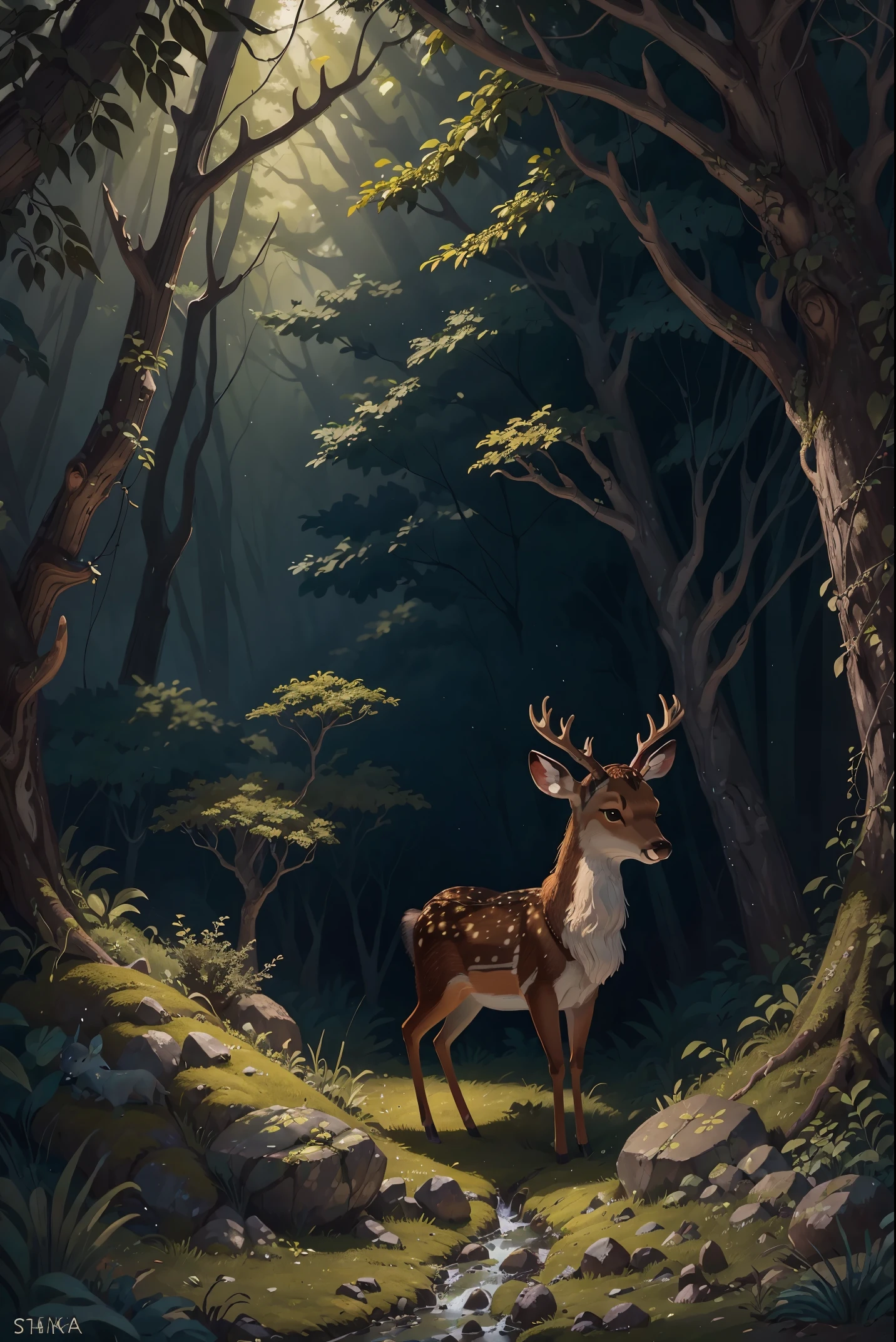 the woods,In the forest,(((1 sika deer))),Intertidal Zone,Fairy tale illustration,(((No Man))),nobody,anyone,