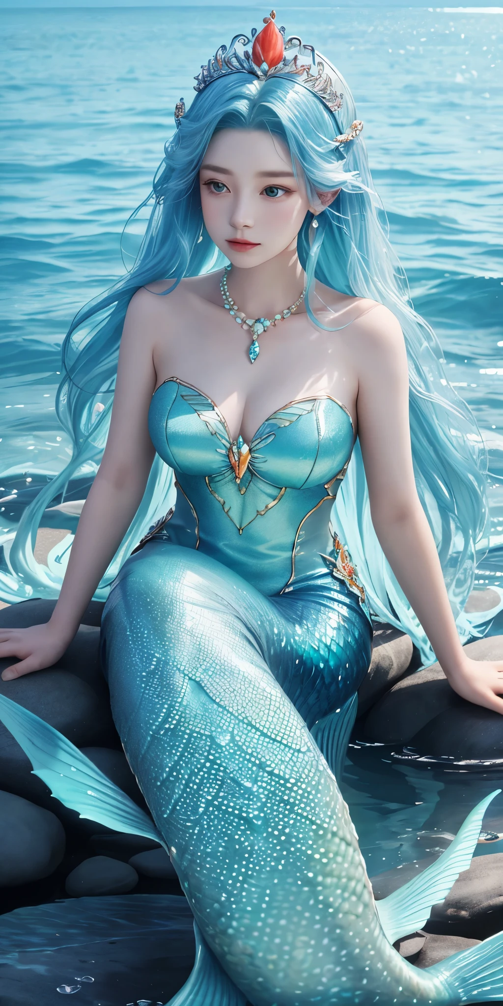 There was a woman,Have a mermaid tail, sitting on a rock, Mermaid aesthetics, beautiful mermaid, beautiful serum, Portrait of a mermaid, Ethereal mermaid story, Mermaid cute book, Ethereal fantasy, 像Queen of mermaids一样微笑, Queen of mermaids , crown on coral head , pearls and shells ((tmasterpiece)),16k,hyper HD