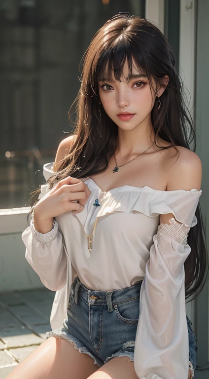 (top quality, 8k, masterpiece: 1.retty woman with perfect figure: 1.4, dark brown hair, big, wearing pendants, torn shorts, very detailed face and skin, detailed eyes, double eyelids, top quality, masterpiece, (photorealistic: 1.4), one woman, golden ratio, upper eye care, perfect face, beautiful figure, face close-up, long hair, gloss, highlight, gloss, glossy on skin, glossy on skin, wet skin, wet, bangs, cute smile, bust, off-shoulder, refreshing charm, elegant, perfect hands, shiny, highlight, glossy skin, bangs, bust, big, Warm off-shoulder, refreshing charm, ears out, gaze to the camera, poses at different angles