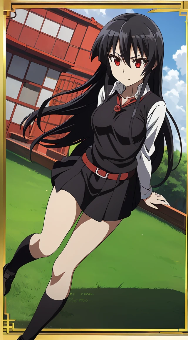 Akame (akame ga kill) anime art style, master piece, best quality,1girl,siting ,very long black hair, perfect face, expressive eyes, red eyes ,medium breasts ((school uniform Japanese ,White shirt arms short ,black skirt )),red blow, looking at me ,full body, background school
