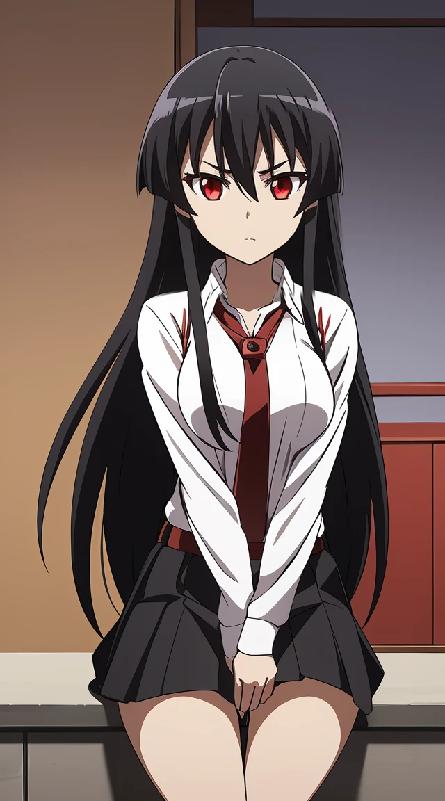 Akame (akame ga kill) anime art style, master piece, best quality,1girl,siting ,very long black hair, perfect face,  expressive eyes, red eyes ,medium breasts ((school uniform Japanese ,White shirt arms short ,black skirt )),red blow, looking at me ,full body, background school