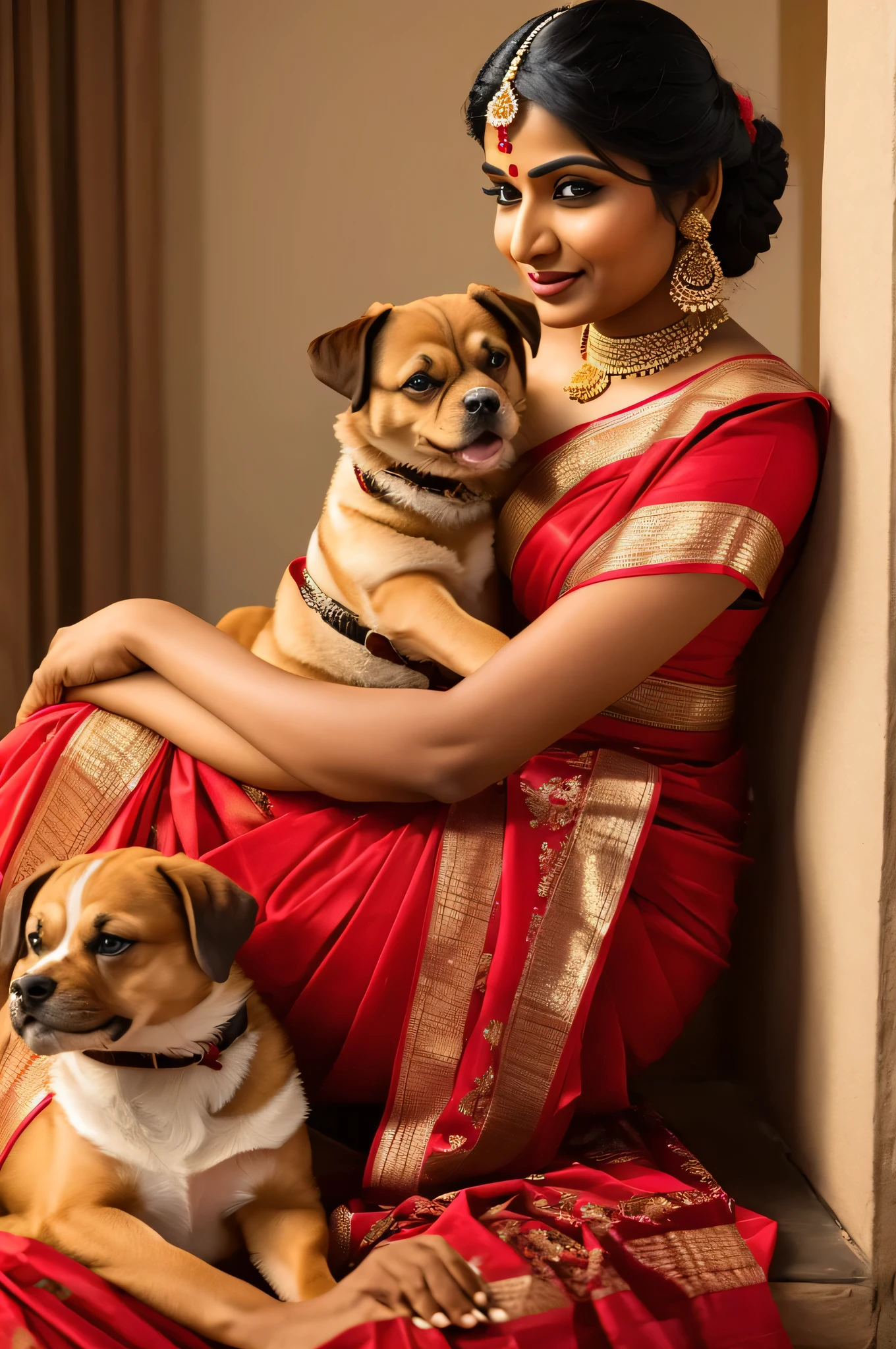 a Indian lady wearing saree with a dog in her lap