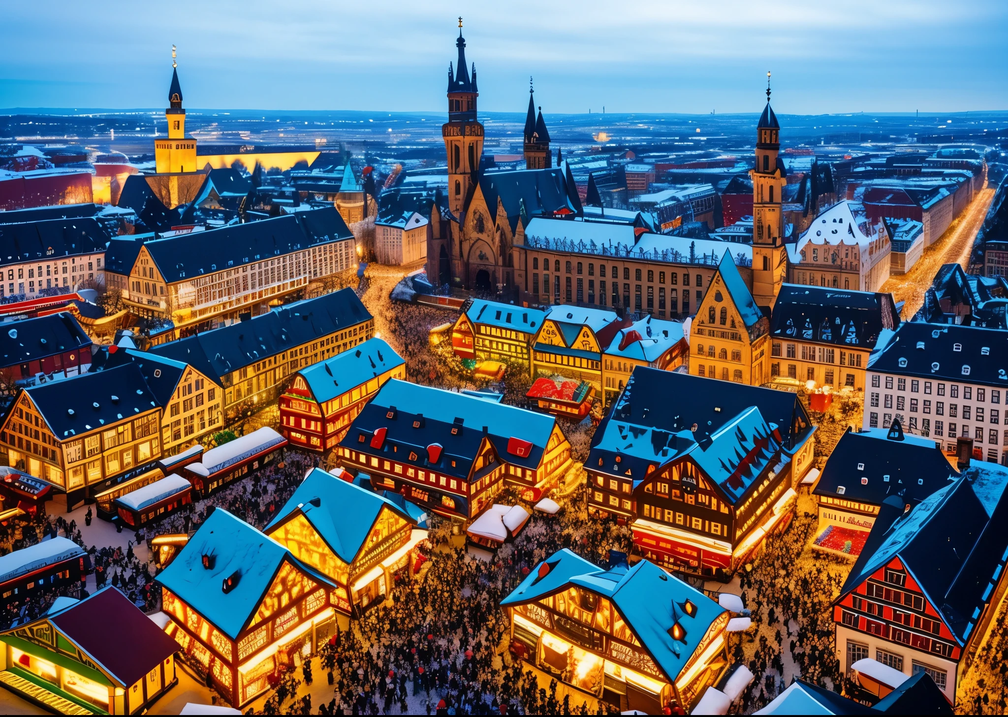 large German Christmas market, Christmas time, cinematic scene, classic, warm lighting, colorful, fantasy, fairytale, intricate, christmas, hansel and gretel, arial shot, visually stunning,