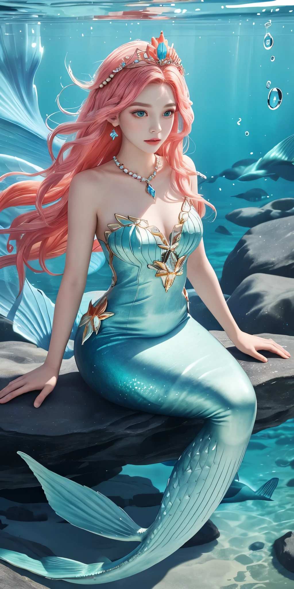 Mermaid princess, underwater, coral, pearl necklace, shimmering tail, mysterious eyes, dreamy lighting,illustration,ultra-detailed,(best quality,4k,8k,highres,masterpiece:1.2),realistic,studio lighting,physically-based rendering,extreme detail description,professional,vivid colors,portraits,sharp focus,bokeh,vivid colors,HDR,ultra-fine painting