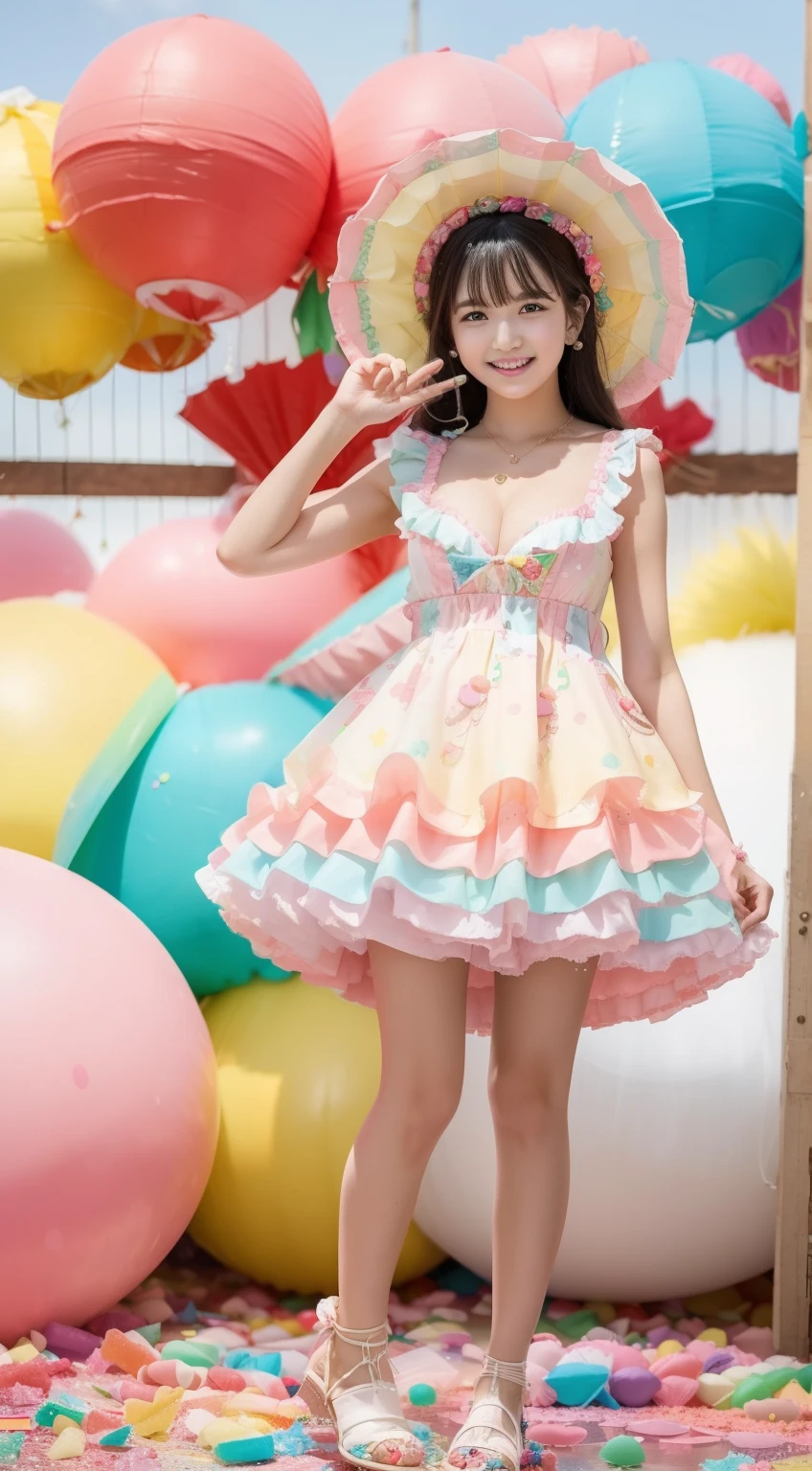Fashion: Dress up in a colorful ensemble reminiscent of candy wrappers, Bright pastel cleavage and playful accessories、Colossal tits、sixteen years old. 2. Pose: Pose whimsically while holding a giant lollipop, Show off a carefree and fun attitude. 3. Background: Pose in front of a candy-themed background filled with oversized candies, cotton candy clouds, and Candy Cane Tree. 4. Candy Throne: Sit on a candy-style throne made with oversized gum drops, Surrounded by candy treasures. 5. Cupcake Delight: Lean on a giant cupcake prop, Please dress in clothes that match the color and frosting of the cupcakes. 6. Rainbow Pathway: Walk along a rainbow path made of candy pieces, Exude surprise and excitement. 7. Candy Rain: With colorful umbrella「Candy Rain」Capture the moment of, Standing under a shower of falling candies. 8. giant cream corn: Pose beside a giant cream cone prop, A costume with a distinctive cream corn pattern and color... 9. Candy Wonderland Swing: Swing playfully in candy cane swing in a dreamy landscape of candy tree and candy floss clouds. 10. Gummy Bear Garden: Sit in the garden of oversized gummy bears, Wear a gummy bear-themed outfit to match the colors of the candy garden