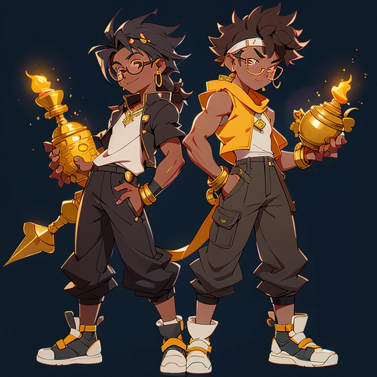 curly hair, dark skin, round glasses, men's Egyptian clothes, golden ear piercings, golden necklace, jojo bizarre adventure style, with defined body, killmonger character necklace