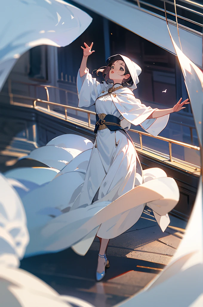 Girl looking up to the other side on the ship,Actress dancing with white cloak,The sudden arrival of Aries Mr. Mu
