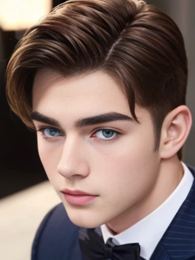 Handsome boy, brunet, pale skin, thick brows, suits, wealthy, fit, blue eyes, 20 years old, facial hair