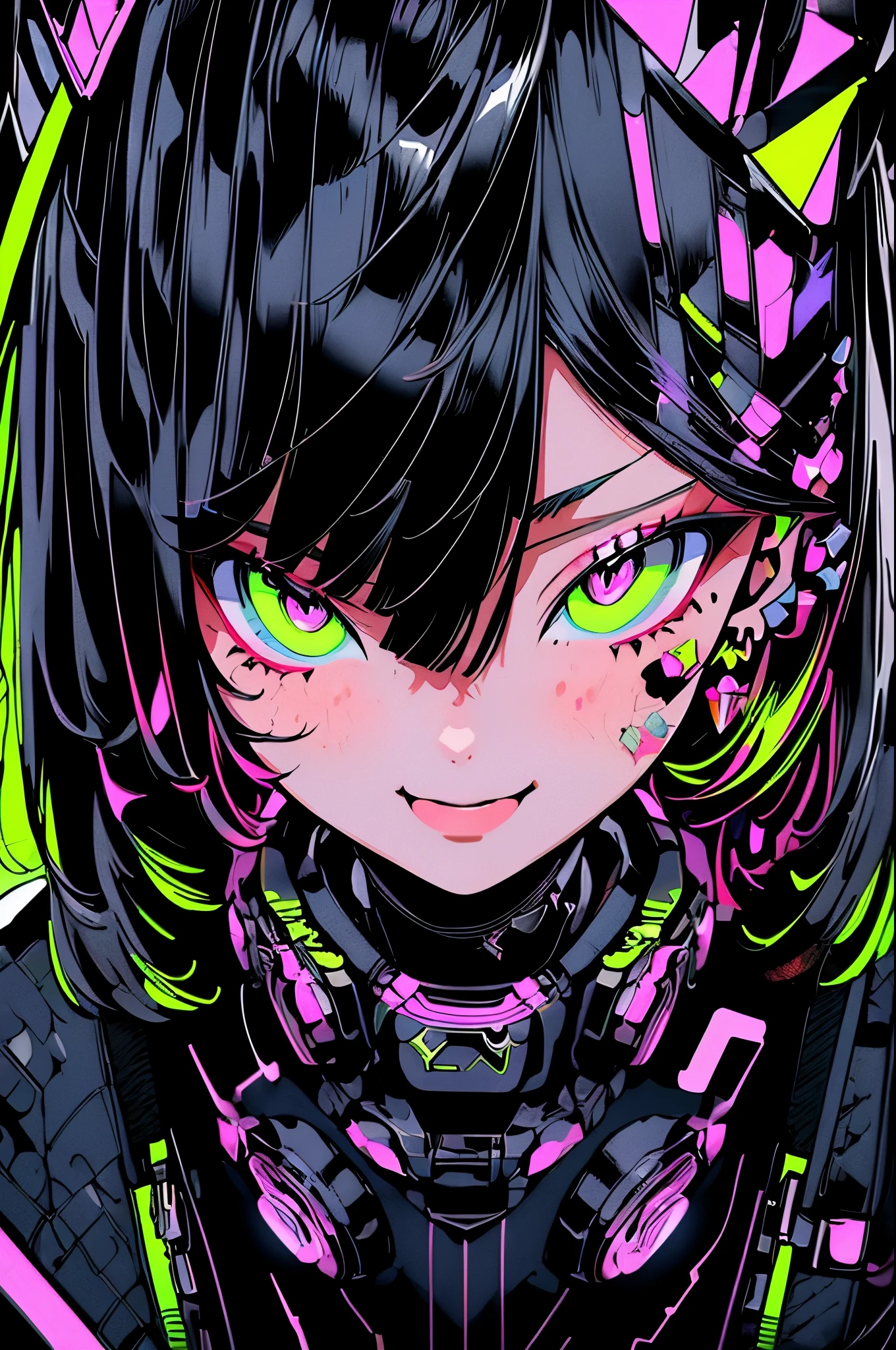 ((cyberpunked)),Optical camouflage、VR Goggles、Neon light、City of the Future、Glowing jumpsuit、(1girl in, Solo:1.6),(Cute smile),(Clothes are simple), (Best Impact:1.5), (maximalism:1.7), Vivid contrast, (Realistic), hyperrealistic illustrations, hight resolution, ultra-detailliert, absurderes,(Fractal Art:1.3)、Random hairstyle、Random hair color colorful、FULL BODYSHOT、Retro、Precise focus、randome pose、cinema4d、Drama