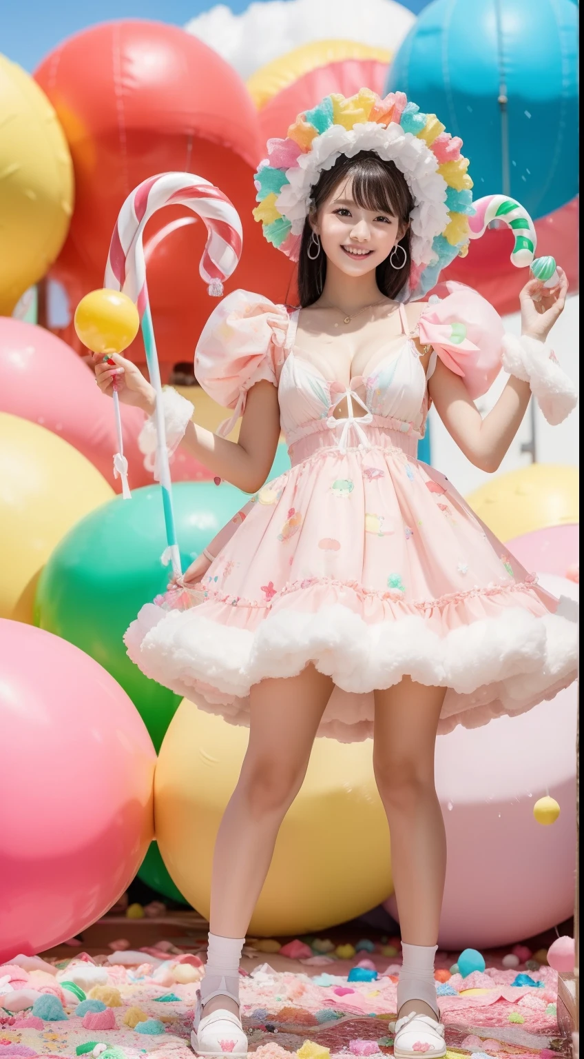 Fashion: Dress up in a colorful ensemble reminiscent of candy wrappers, Cleavage in bright pastel colors and playful accessories、Colossal tits、sixteen years old. 2. Pose: Pose whimsically while holding a giant lollipop, Show off a carefree and fun attitude. 3. Background: Pose in front of a candy-themed background filled with oversized candies, cotton candy clouds, and Candy Cane Tree. 4. Candy Throne: Sit on a candy-style throne made with oversized gum drops, Surrounded by candy treasures. 5. Cupcake Delight: Lean on a giant cupcake prop, Please wear clothes that match the color and frosting of the cupcake. 6. Rainbow Pathway: Walk along a rainbow path made of candy pieces, Exudes surprise and excitement. 7. Candy Rain: With colorful umbrella「Candy Rain」Capture the moment of, Standing under a shower of falling candies. 8. giant cream corn: Pose beside a giant cream cone prop, A costume with a distinctive cream corn pattern and color.. 9. Candy Wonderland Swing: Playfully swing in candy cane swing in dreamy landscape of candy tree and candy floss clouds. 10. Gummy Bear Garden: Sit in the garden of oversized gummy bears, Wearing gummy bear-themed costumes to match the colors of the candy garden