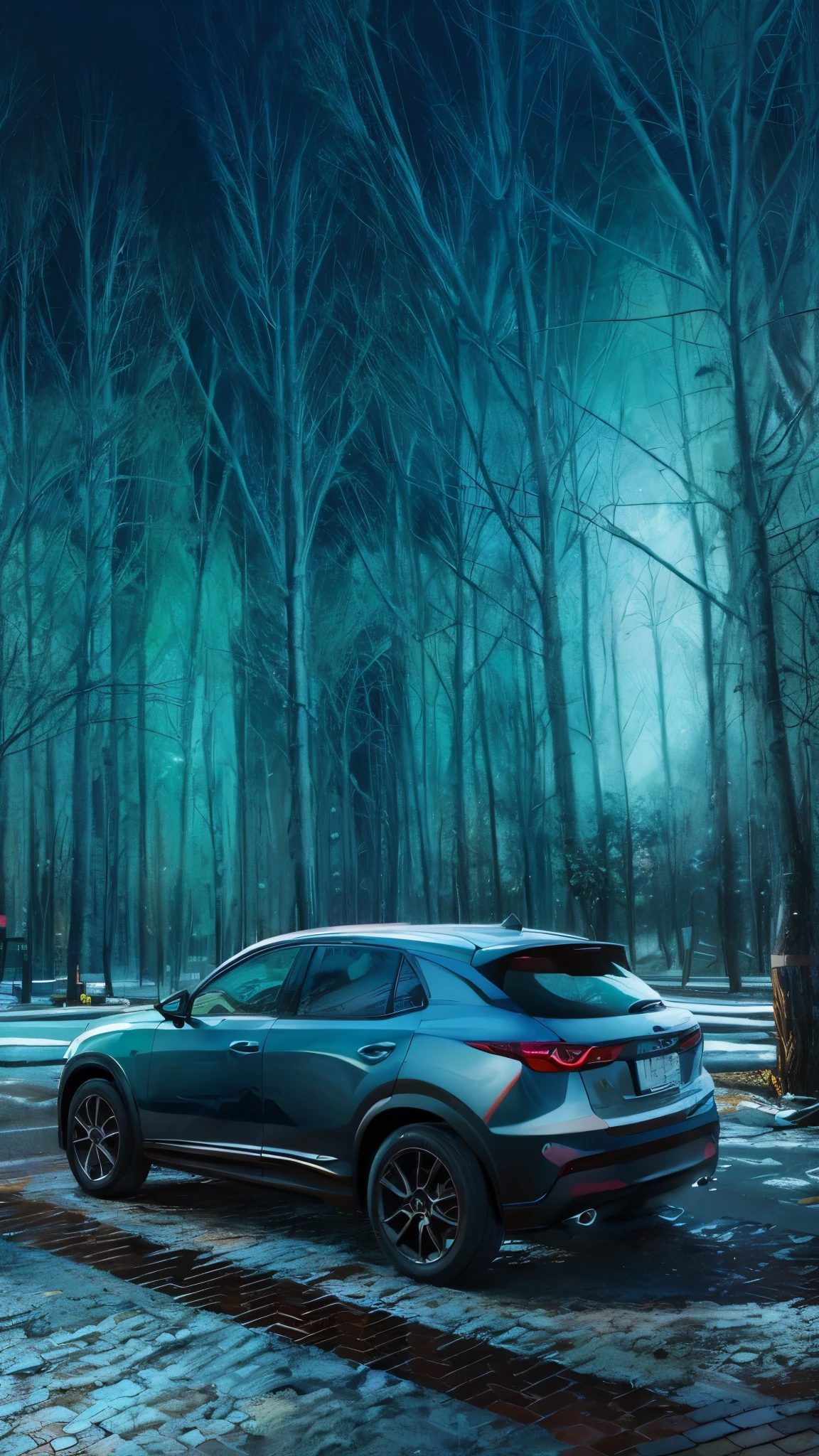 2022 (grey)(Mazda CX-30) (but with) detailed retro-futuristic architecture,ultra-detailed AI Mazda CX-30 exteriors,hot fiery exhaust pipes,massive black tires with white side walls,fast-speed (motion blur), flying drones capturing the race, best quality,high-res 4k,sharp focus,realistic physicased rendering,vibrant colors,bluish-green color tones,intense studio lighting