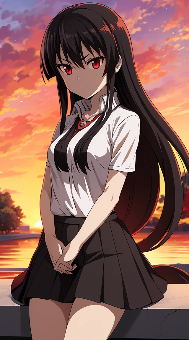 Akame (akame ga kill) anime art style, master piece, best quality,1girl,siting ,very long black hair, perfect face,  expressive eyes, red eyes ,medium breasts ((school uniform Japanese ,White shirt ,arms short ,black skirt )),red blow, looking at me ,full body, background school