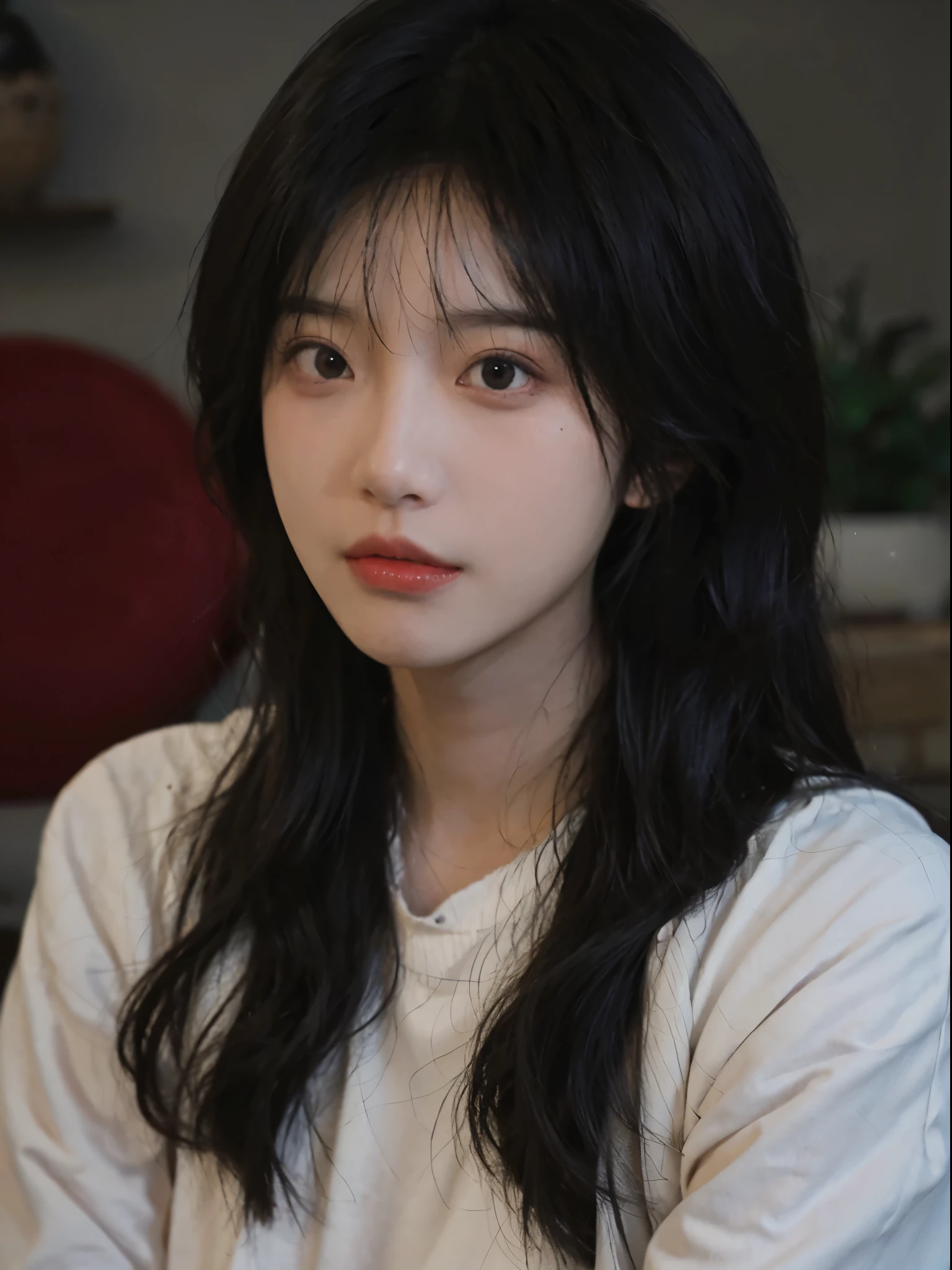 best qualtiy, 超高分辨率, (realisticlying:1.4),A woman with long black hair and a gray sweater, 中景 the scene is,,Soft portrait shot 8 K, pale round face, She has black hair,By bangs, young lovely Korean faces, wan adorable korean face, ulzzangs, Shin Jinying, beautiful aesthetic face, Korean face features, soft round face, iu lee ji-eun as a super villain, 美丽的realisticlying的脸